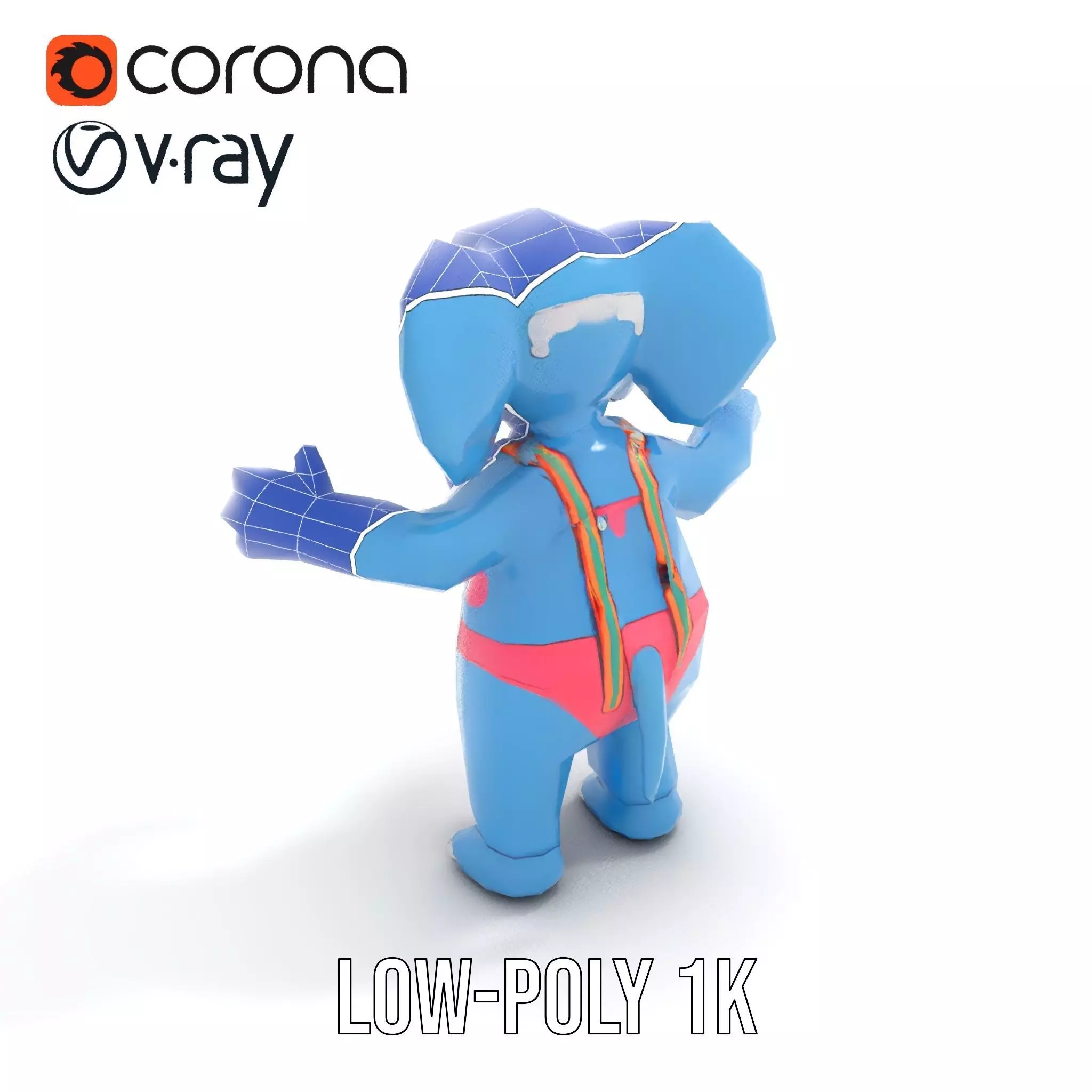 Blue Elephant with Suspenders Rigged and Animated Character Low-poly 3D model_22