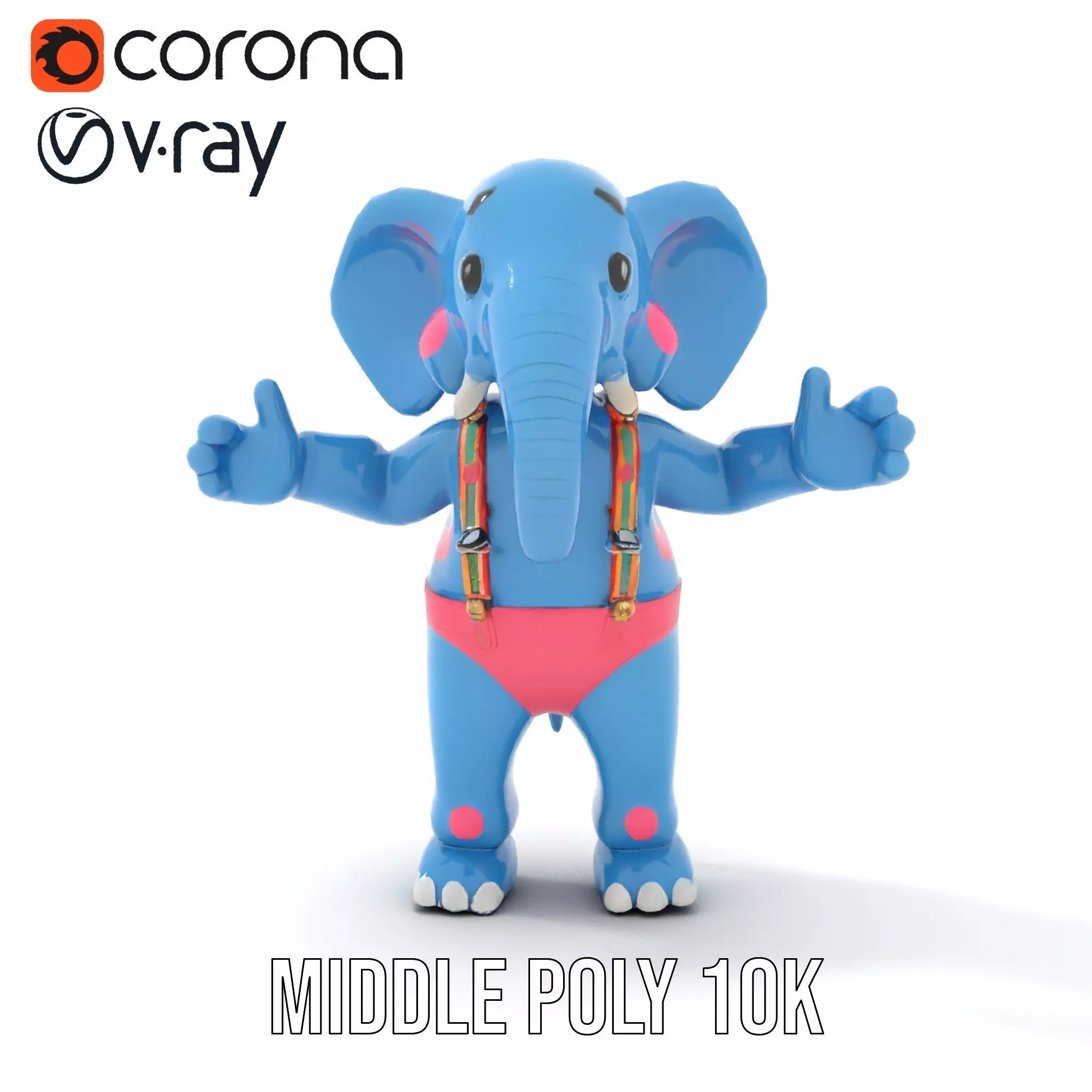 Blue Elephant with Suspenders Rigged and Animated Character Low-poly 3D model_10