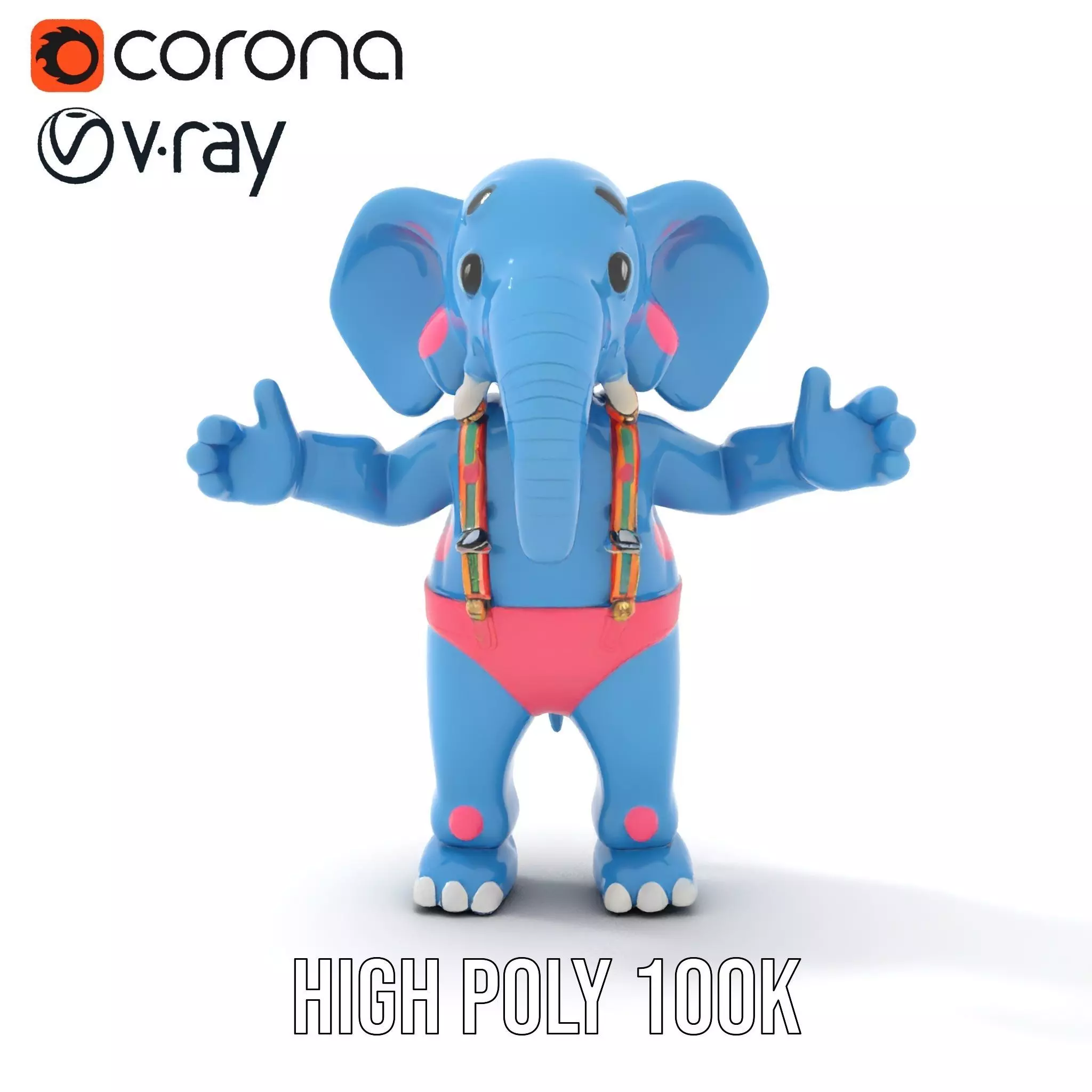 Blue Elephant with Suspenders Rigged and Animated Character Low-poly 3D model_12