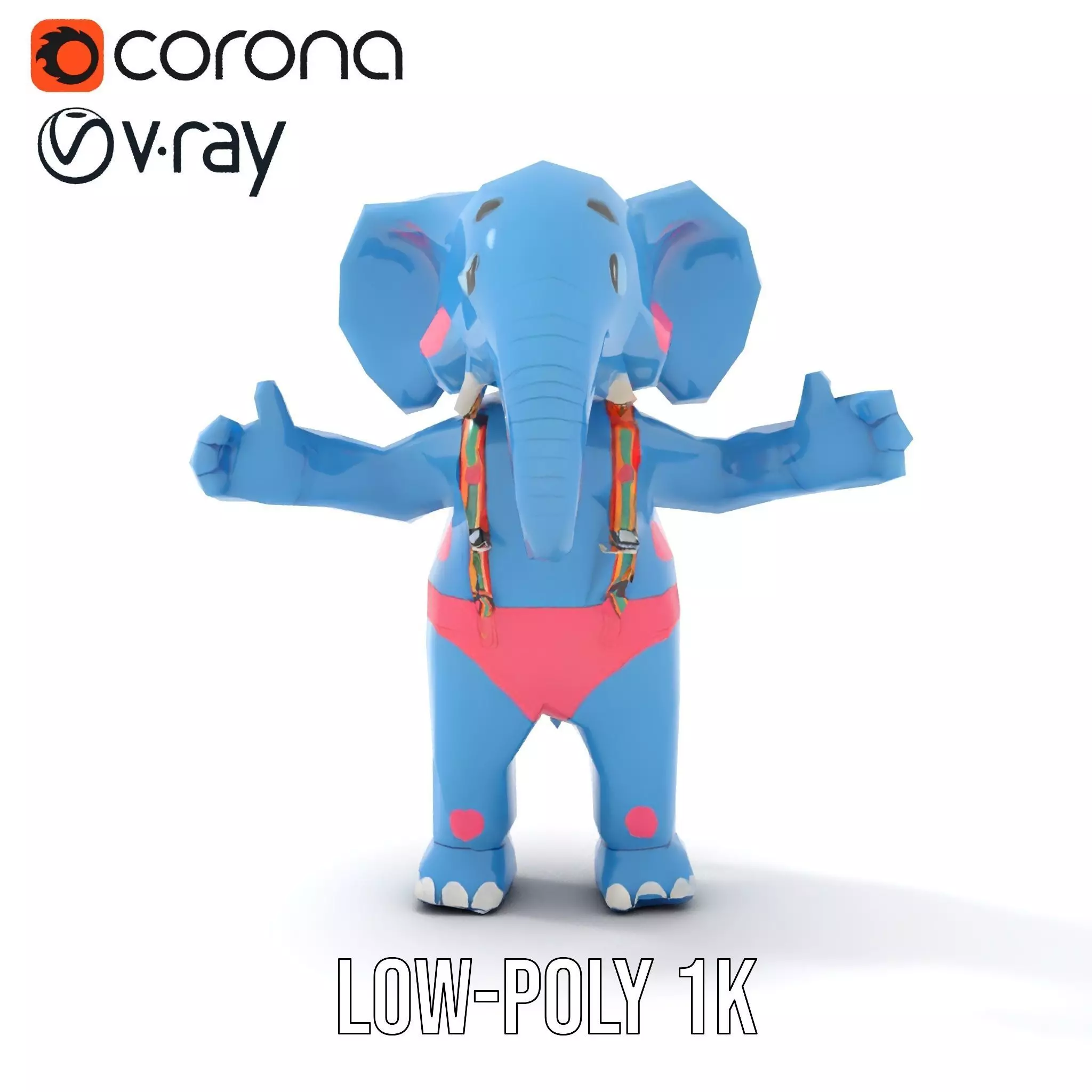 Blue Elephant with Suspenders Rigged and Animated Character Low-poly 3D model_11