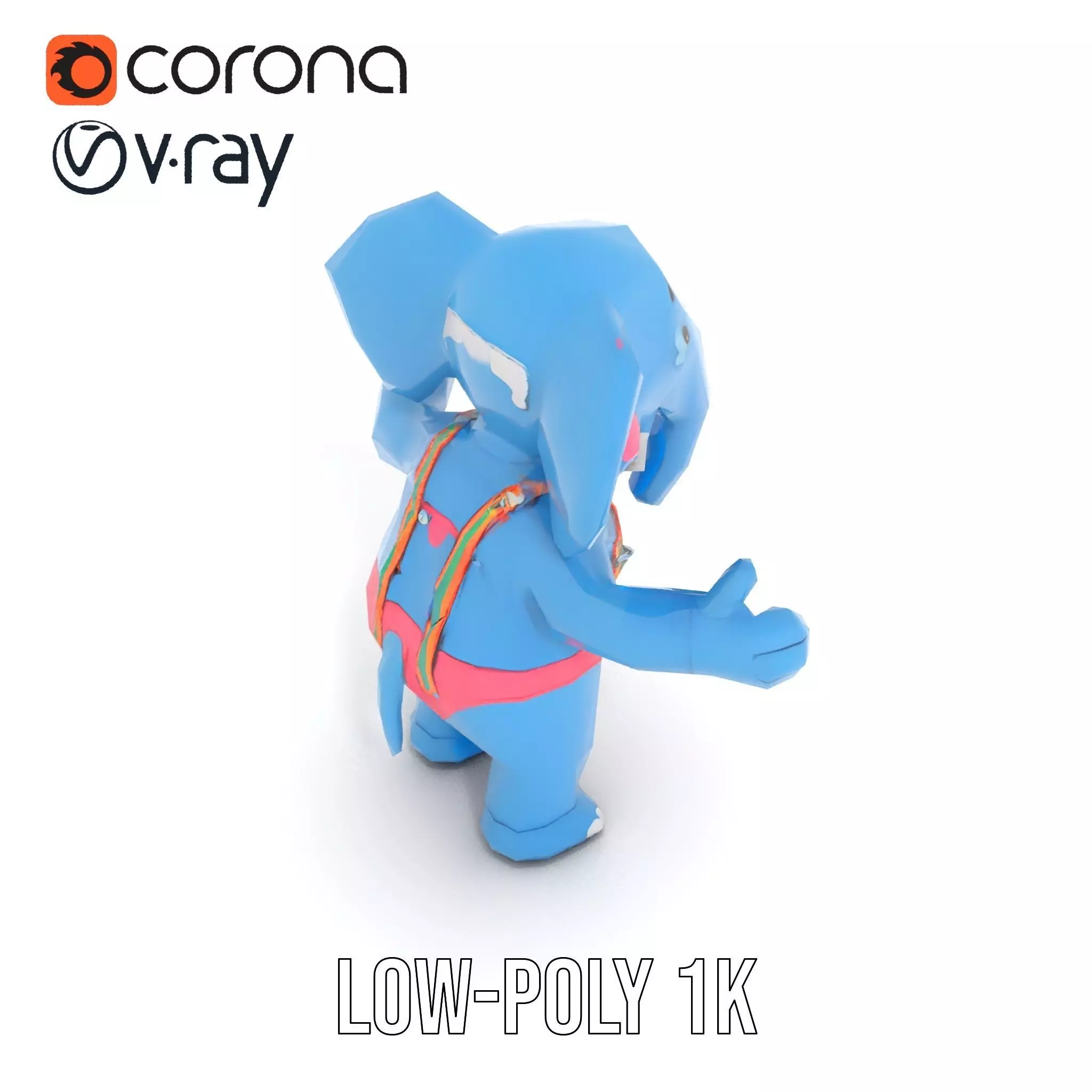 Blue Elephant with Suspenders Rigged and Animated Character Low-poly 3D model_19