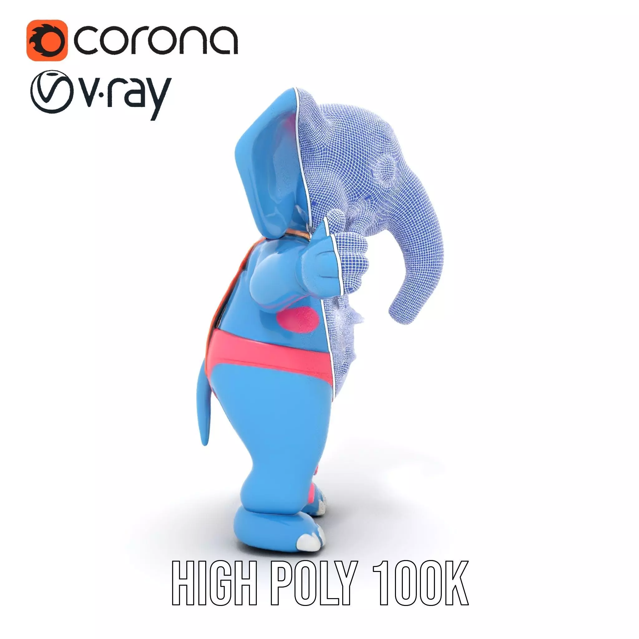 Blue Elephant with Suspenders Rigged and Animated Character Low-poly 3D model_33