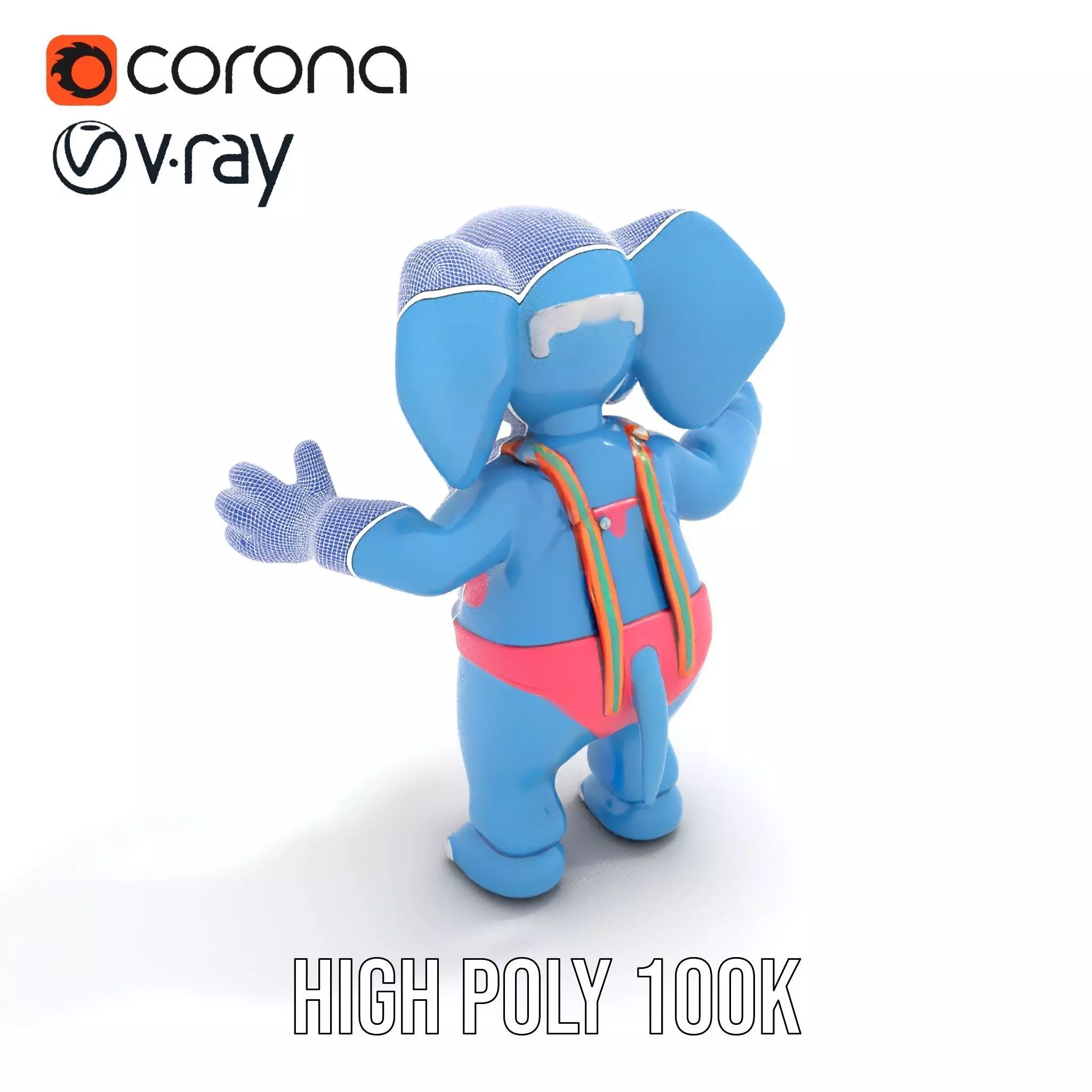 Blue Elephant with Suspenders Rigged and Animated Character Low-poly 3D model_28