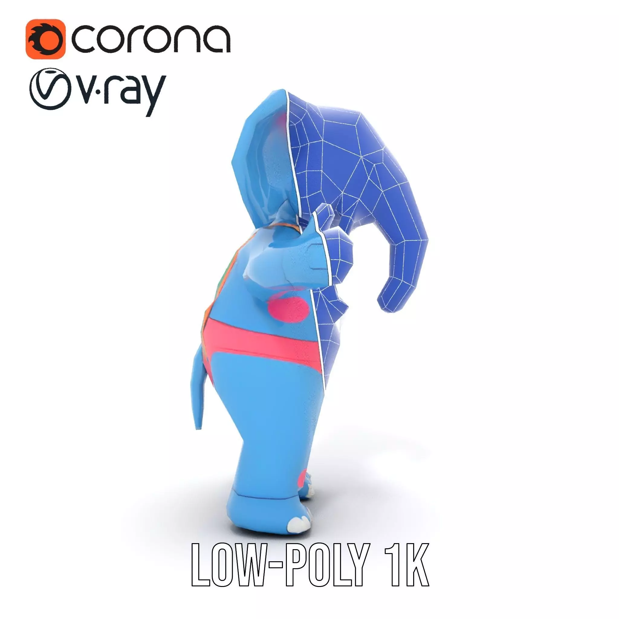 Blue Elephant with Suspenders Rigged and Animated Character Low-poly 3D model_30