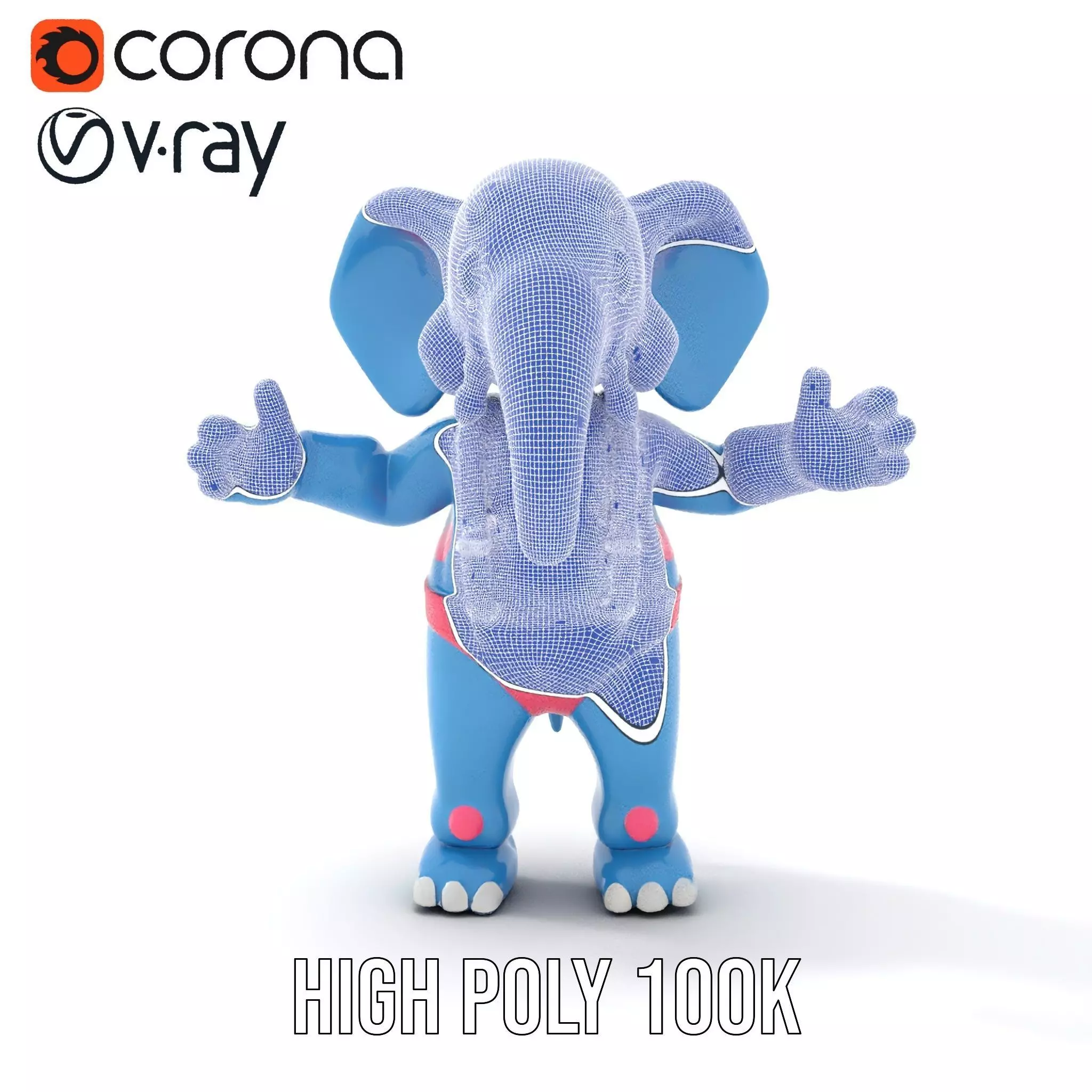 Blue Elephant with Suspenders Rigged and Animated Character Low-poly 3D model_34