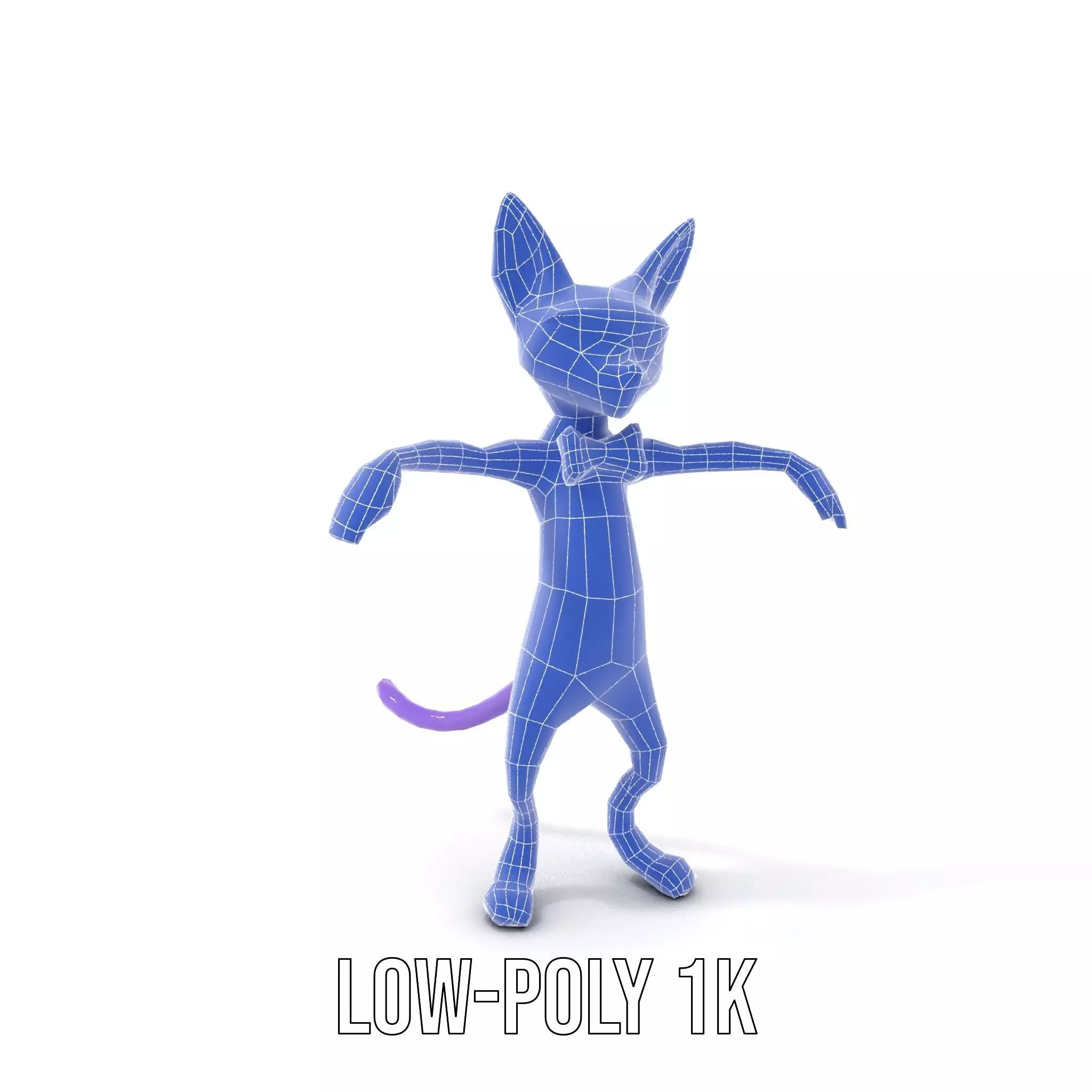 Purple Cartoon Cat with Bow Tie Rigged and Animated Model Low-poly 3D model_19