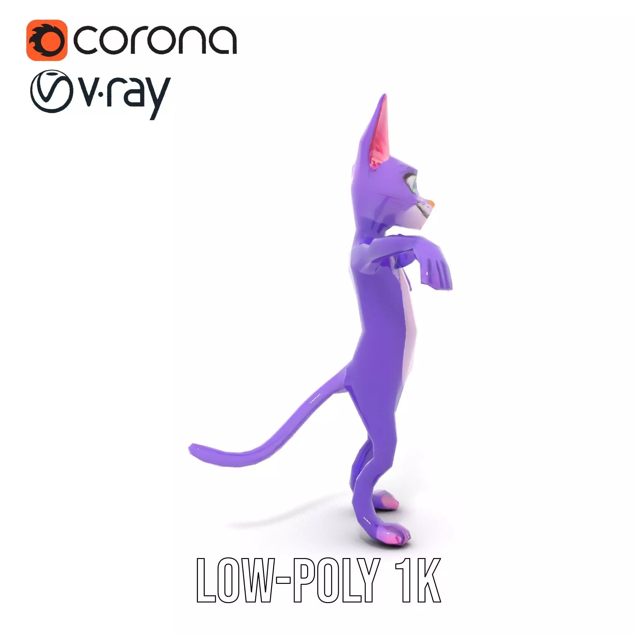 Purple Cartoon Cat with Bow Tie Rigged and Animated Model Low-poly 3D model_10