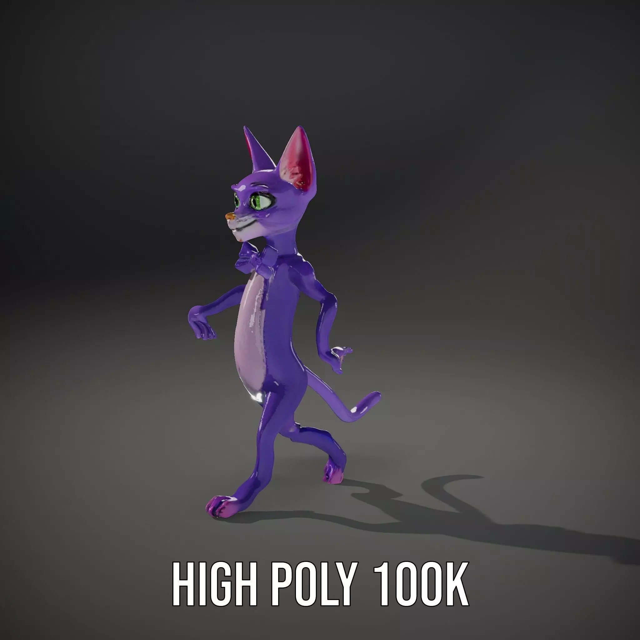 Purple Cartoon Cat with Bow Tie Rigged and Animated Model Low-poly 3D model_26