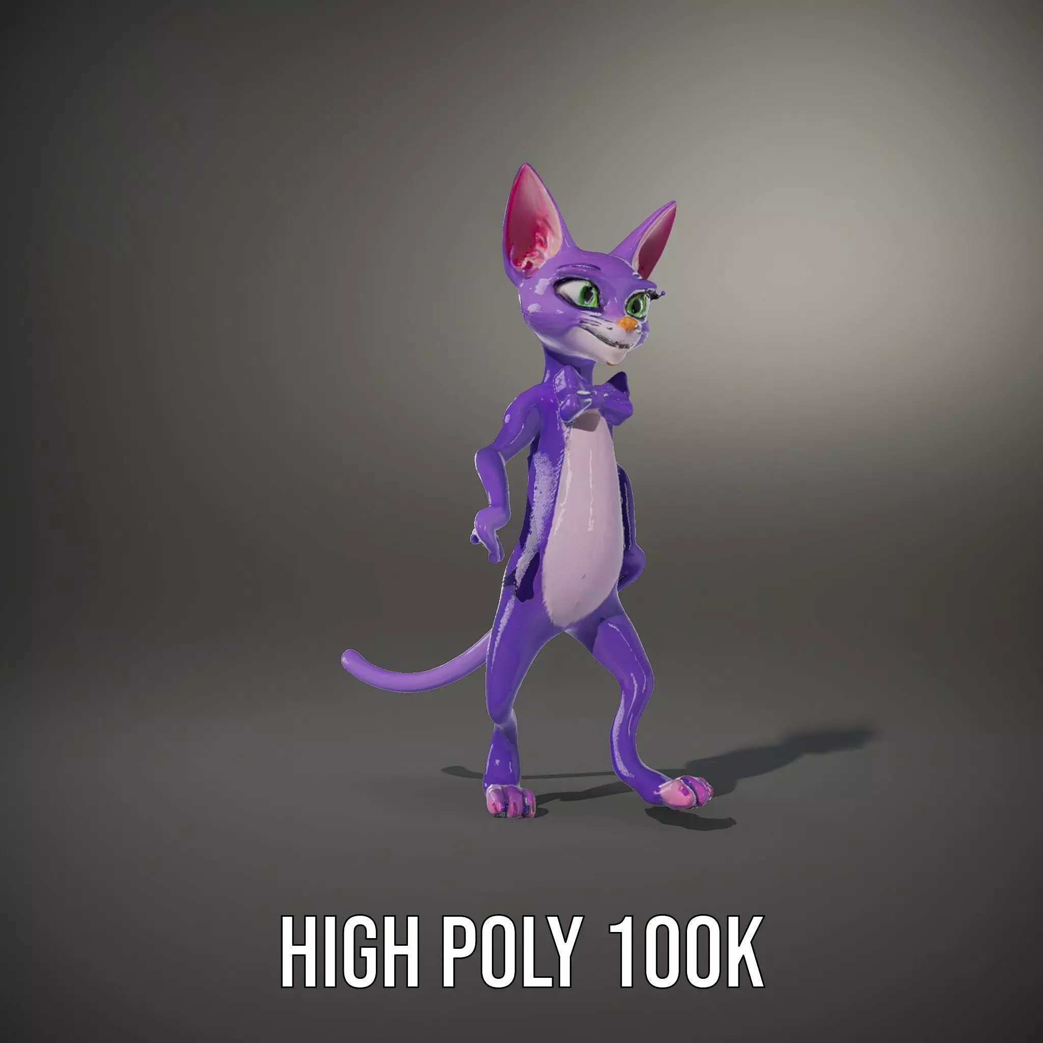 Purple Cartoon Cat with Bow Tie Rigged and Animated Model Low-poly 3D model_20