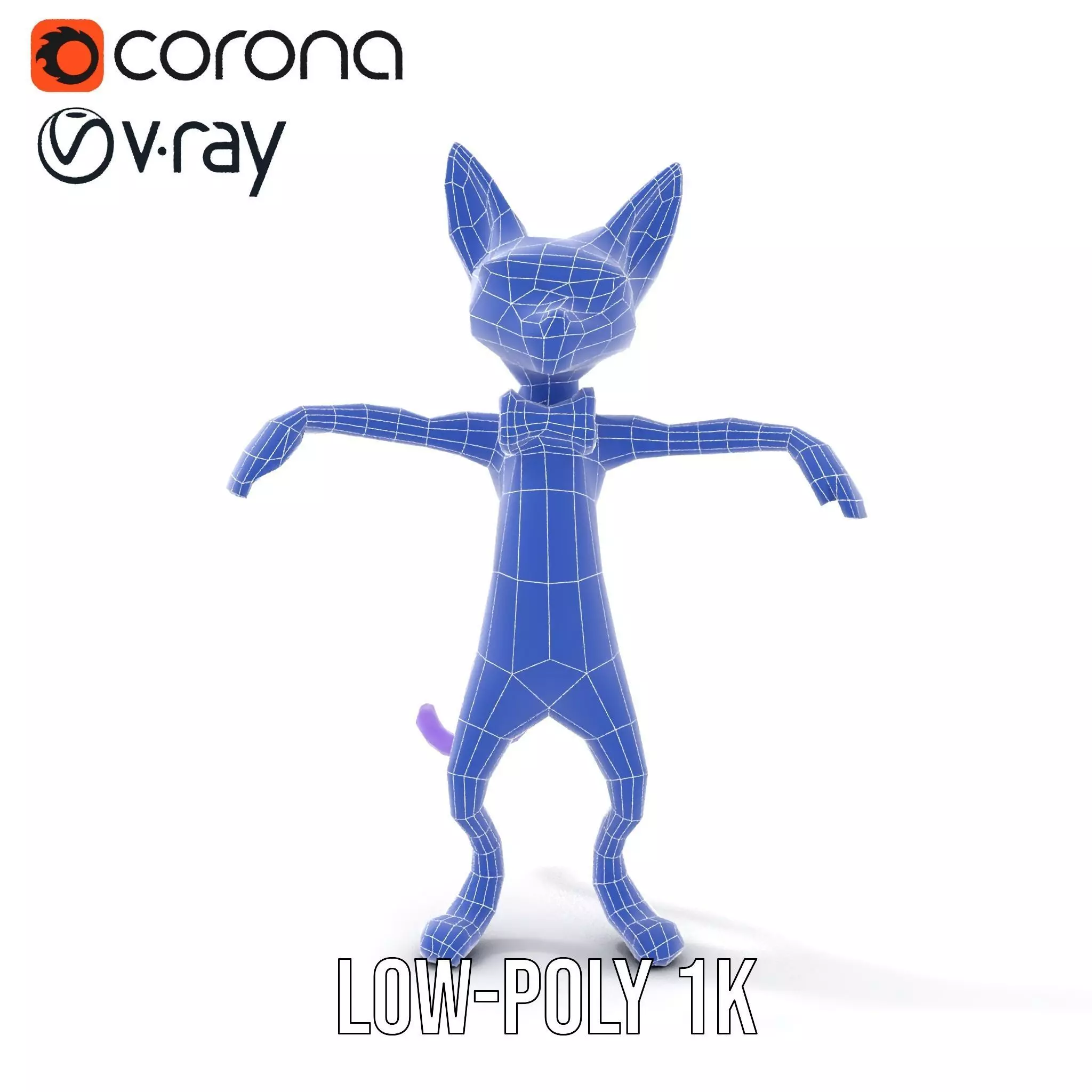 Purple Cartoon Cat with Bow Tie Rigged and Animated Model Low-poly 3D model_25