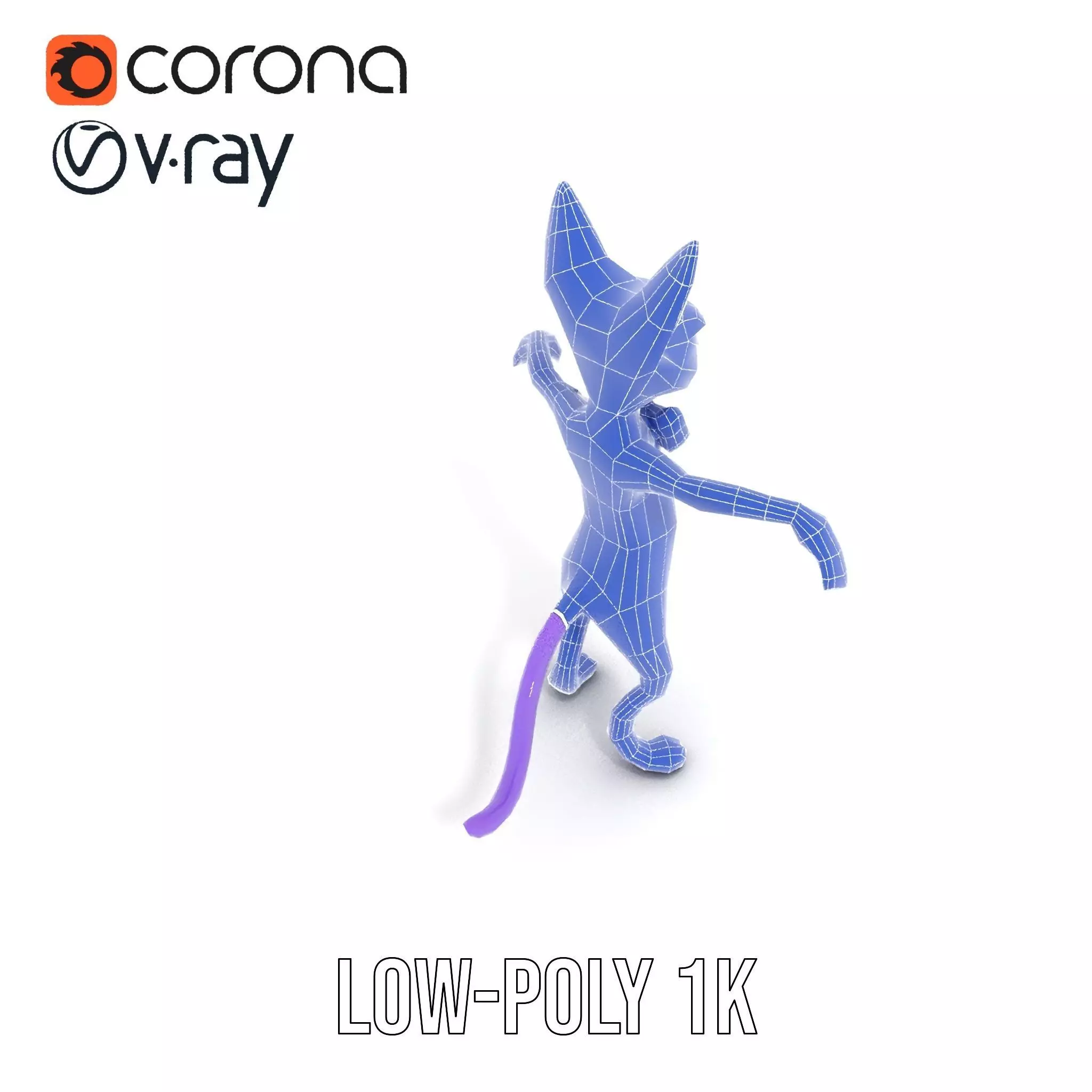 Purple Cartoon Cat with Bow Tie Rigged and Animated Model Low-poly 3D model_30
