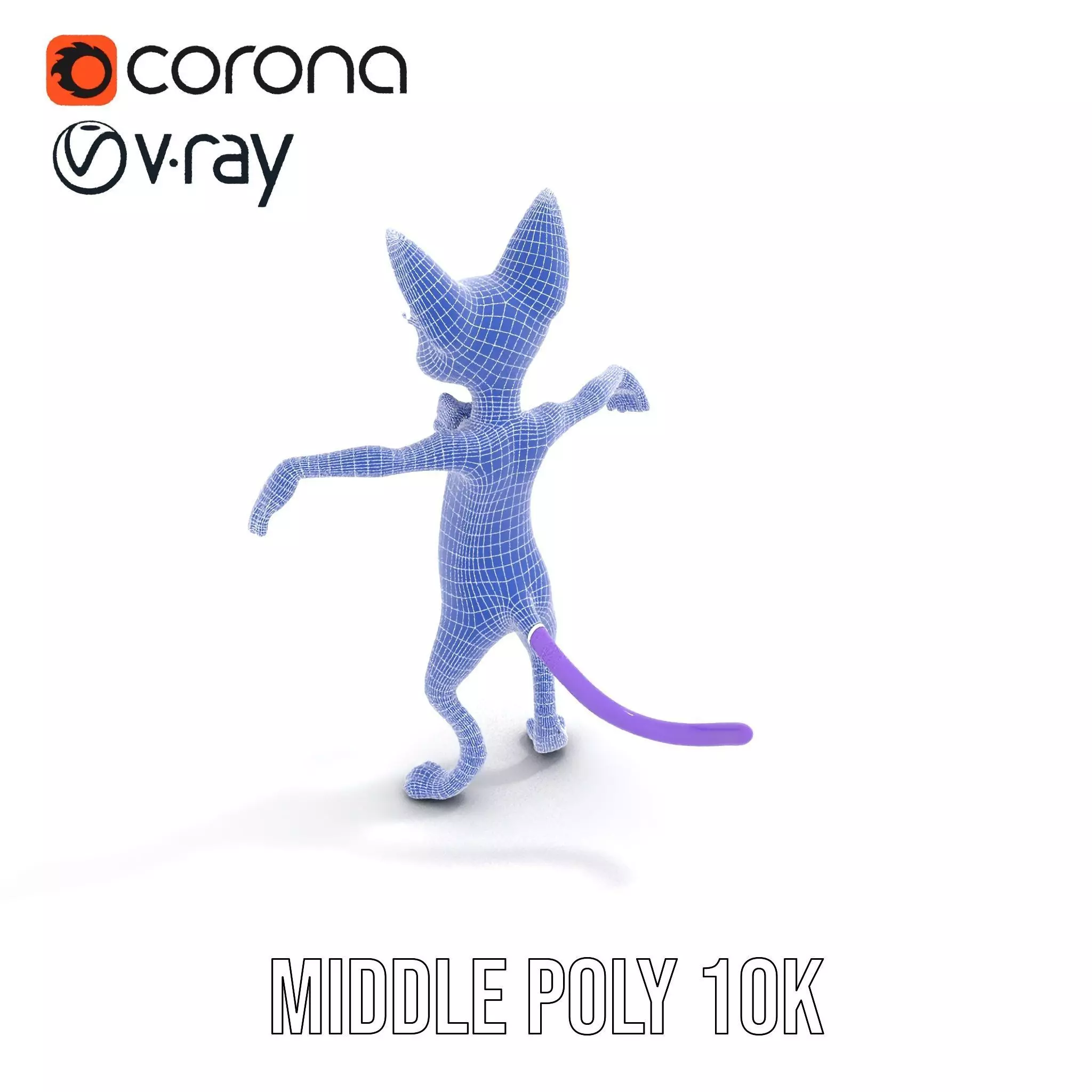 Purple Cartoon Cat with Bow Tie Rigged and Animated Model Low-poly 3D model_21