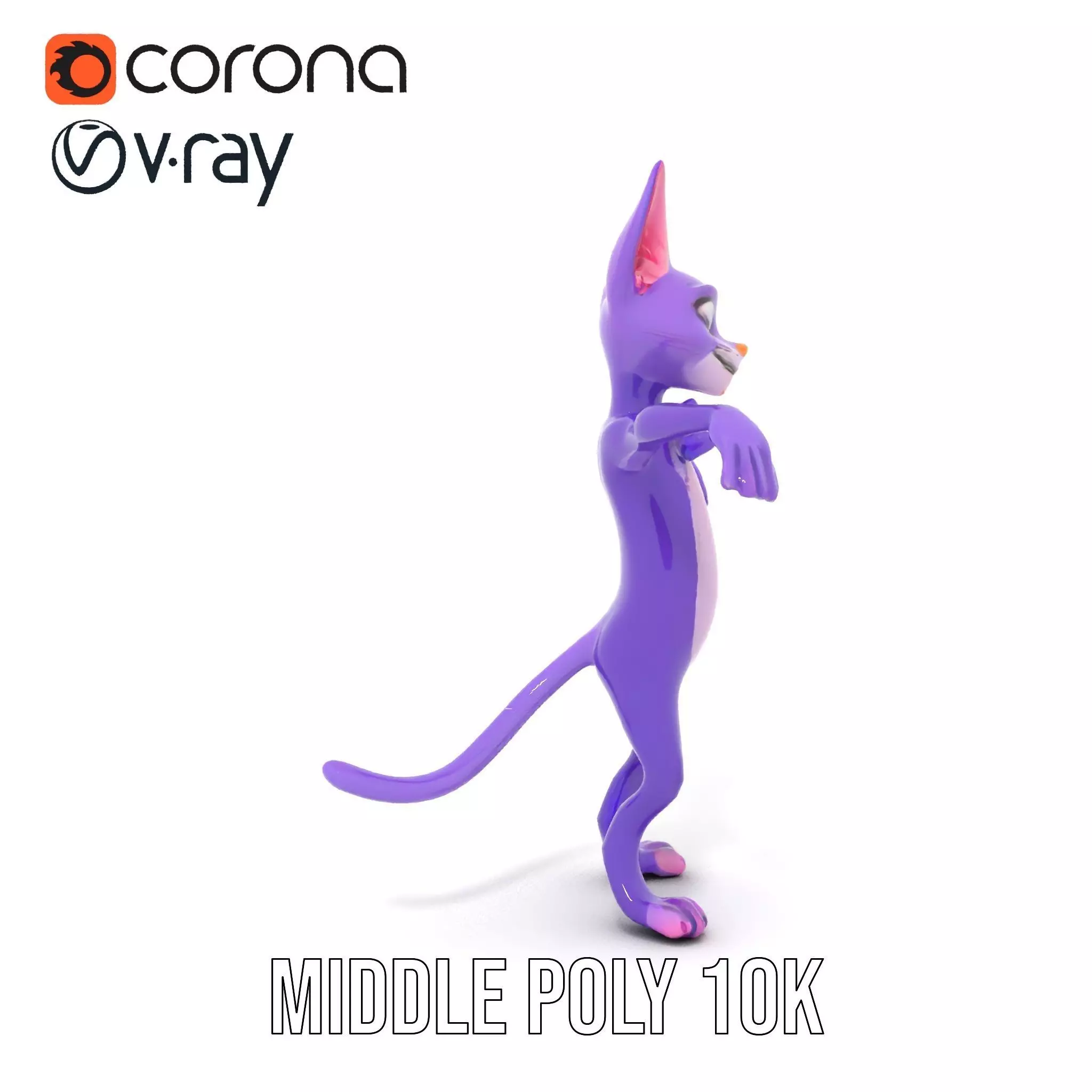 Purple Cartoon Cat with Bow Tie Rigged and Animated Model Low-poly 3D model_18