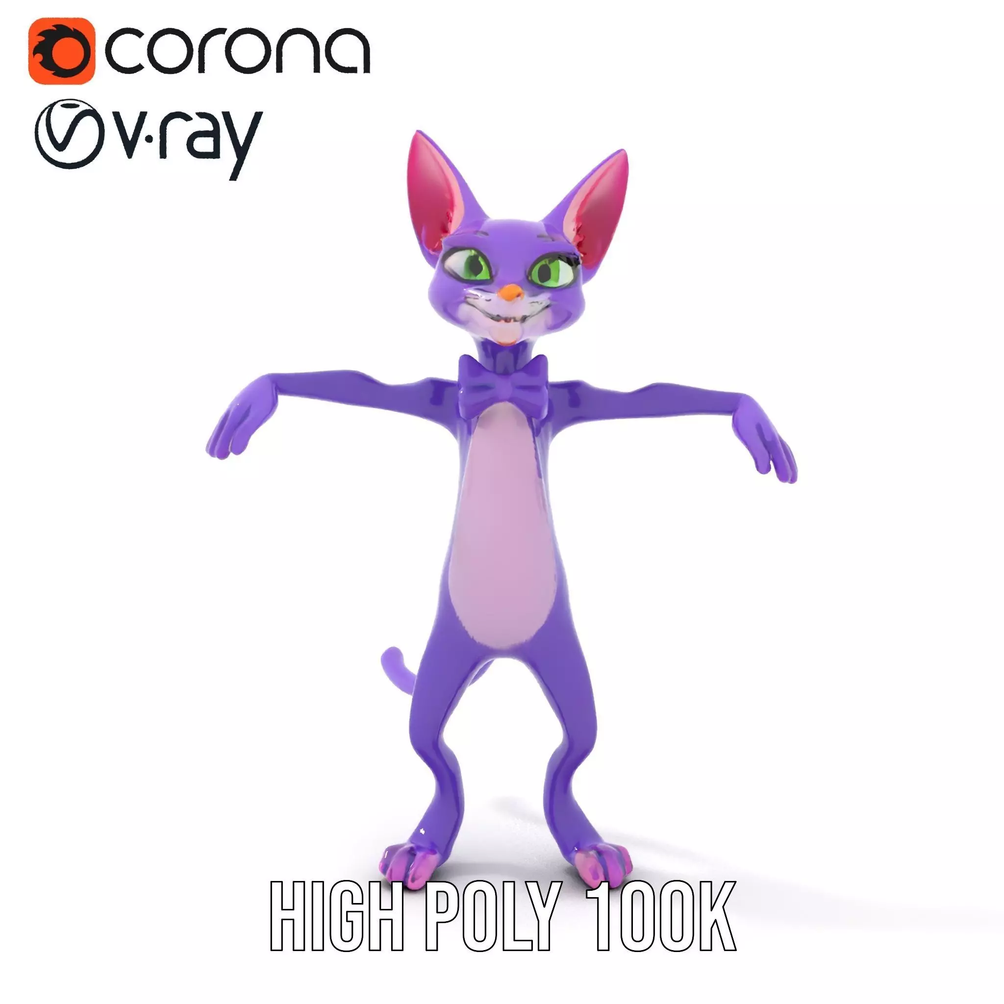 Purple Cartoon Cat with Bow Tie Rigged and Animated Model Low-poly 3D model_17