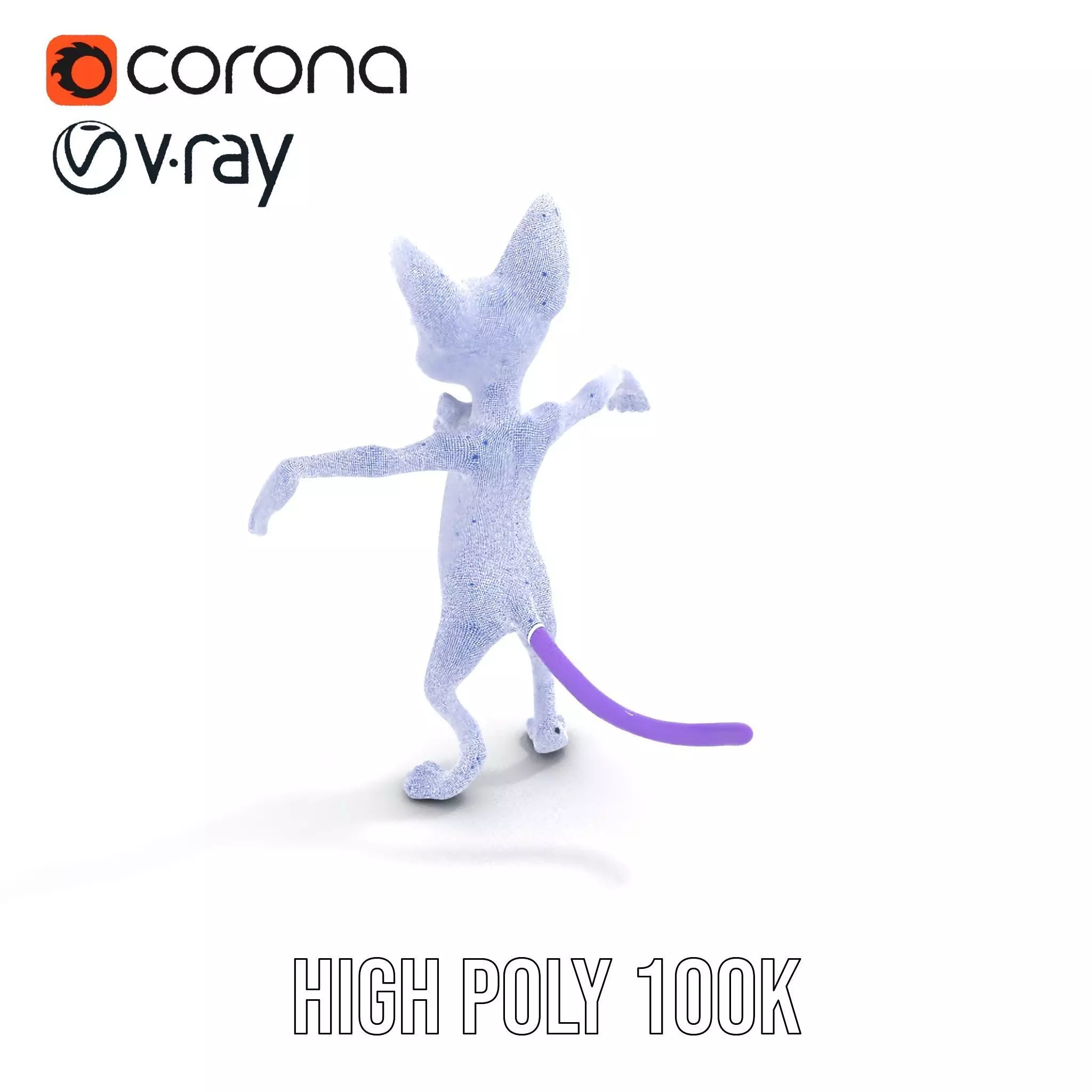 Purple Cartoon Cat with Bow Tie Rigged and Animated Model Low-poly 3D model_32