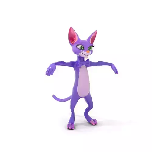 Purple Cartoon Cat with Bow Tie Rigged and Animated Model Low-poly 3D model