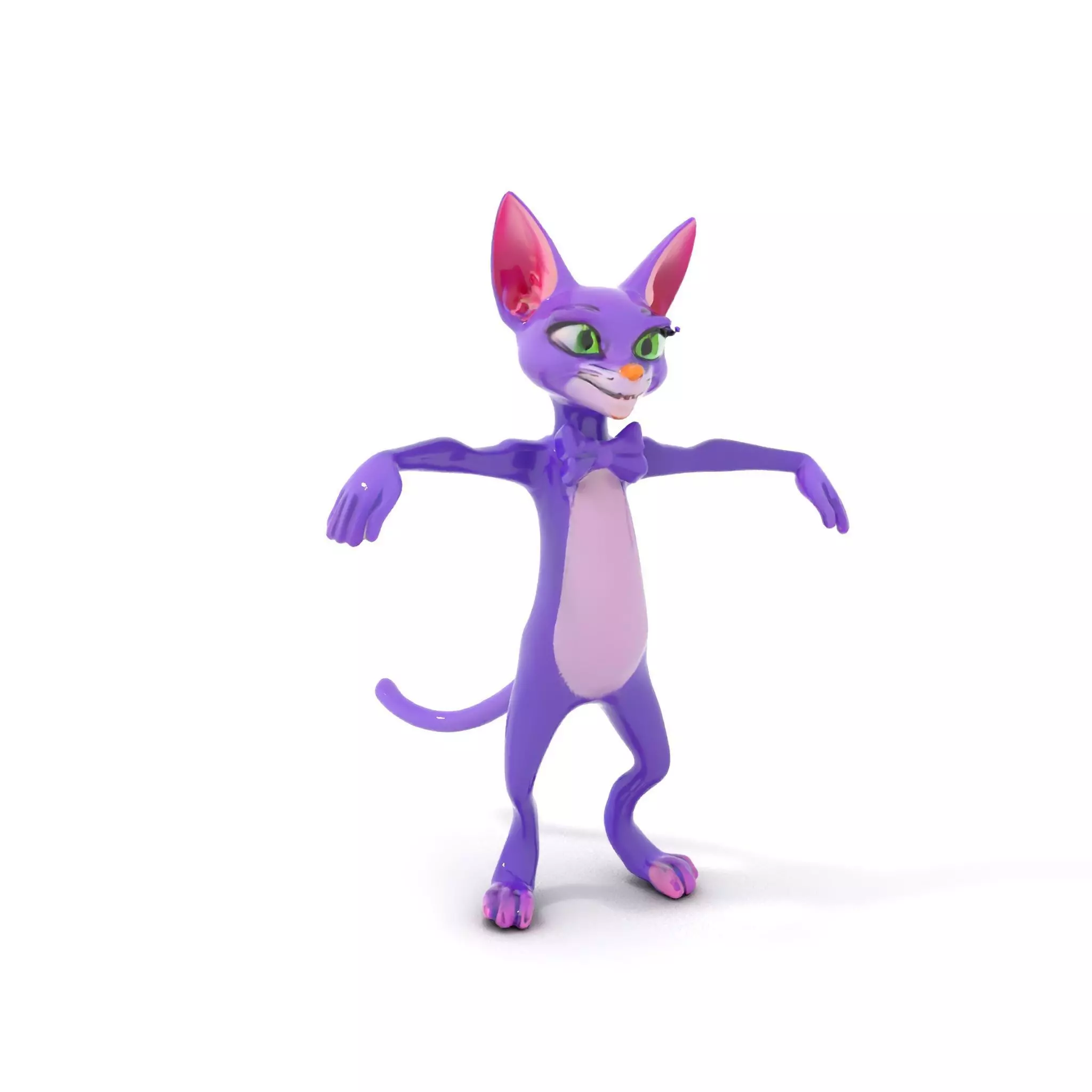 Purple Cartoon Cat with Bow Tie Rigged and Animated Model Low-poly 3D model_0