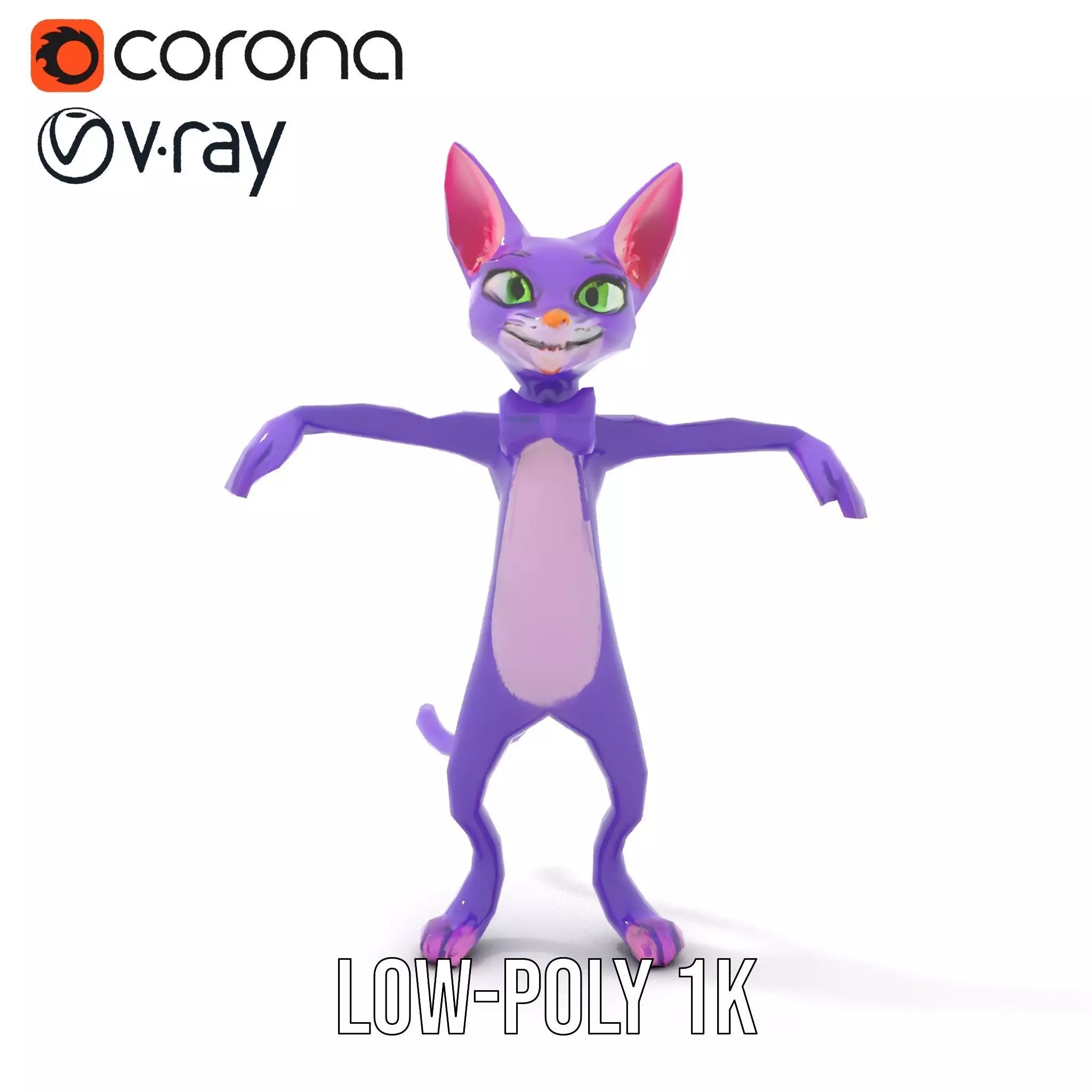 Purple Cartoon Cat with Bow Tie Rigged and Animated Model Low-poly 3D model_22
