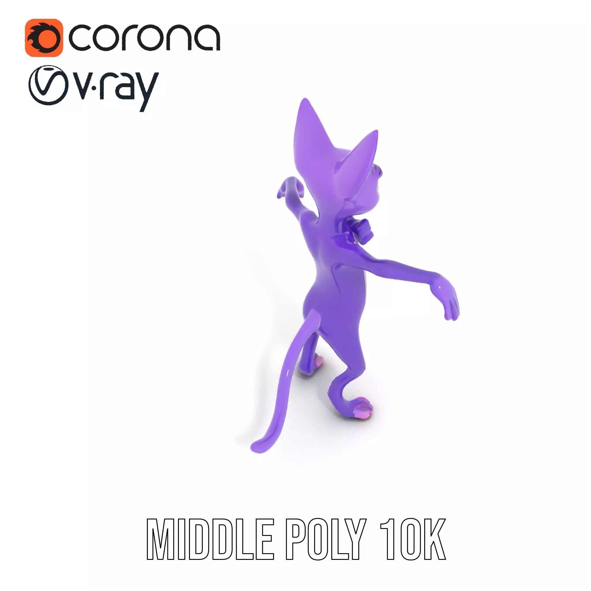 Purple Cartoon Cat with Bow Tie Rigged and Animated Model Low-poly 3D model_12