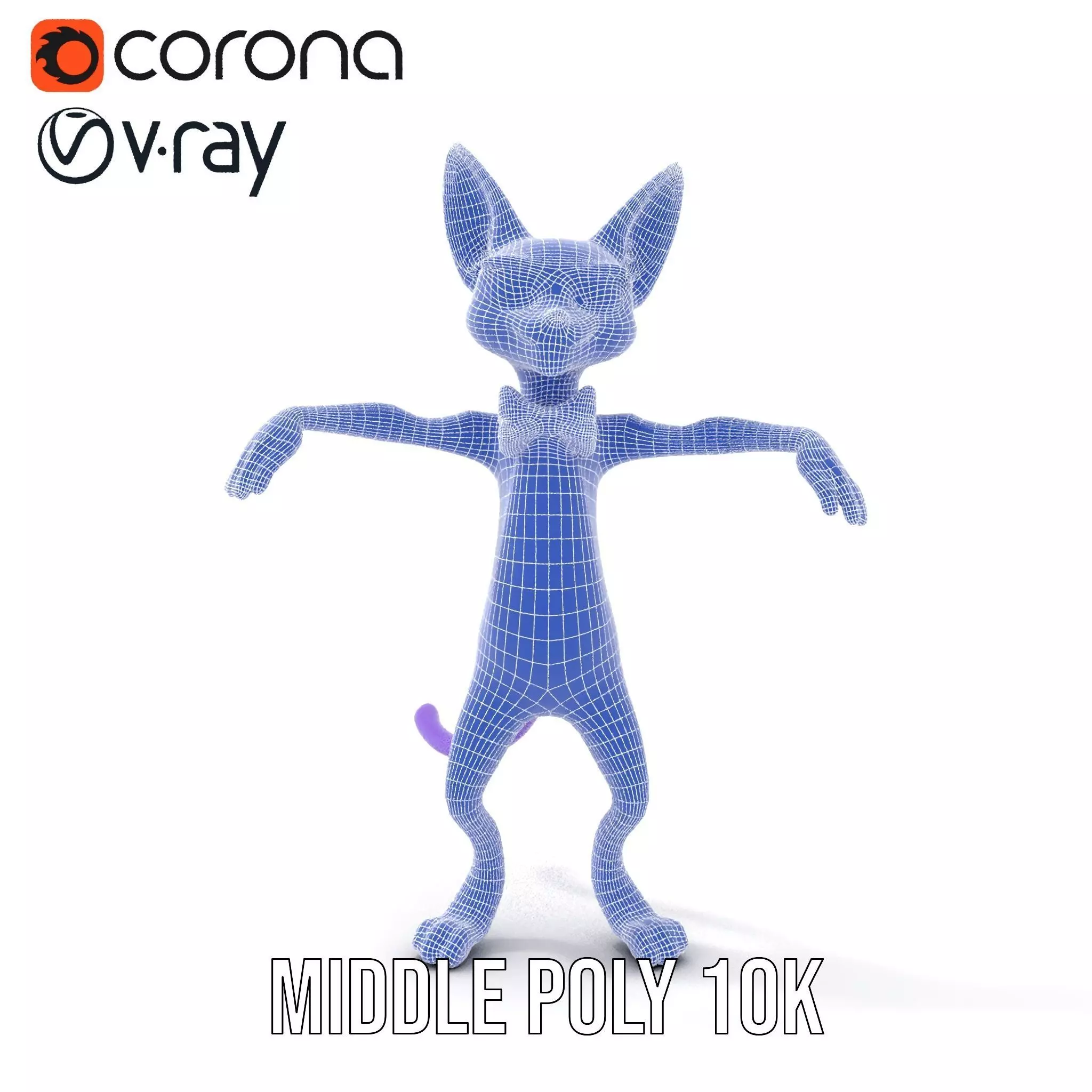 Purple Cartoon Cat with Bow Tie Rigged and Animated Model Low-poly 3D model_29
