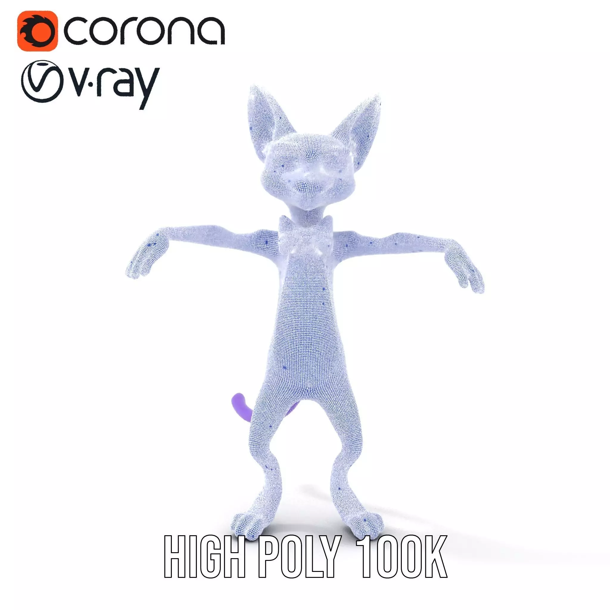 Purple Cartoon Cat with Bow Tie Rigged and Animated Model Low-poly 3D model_33
