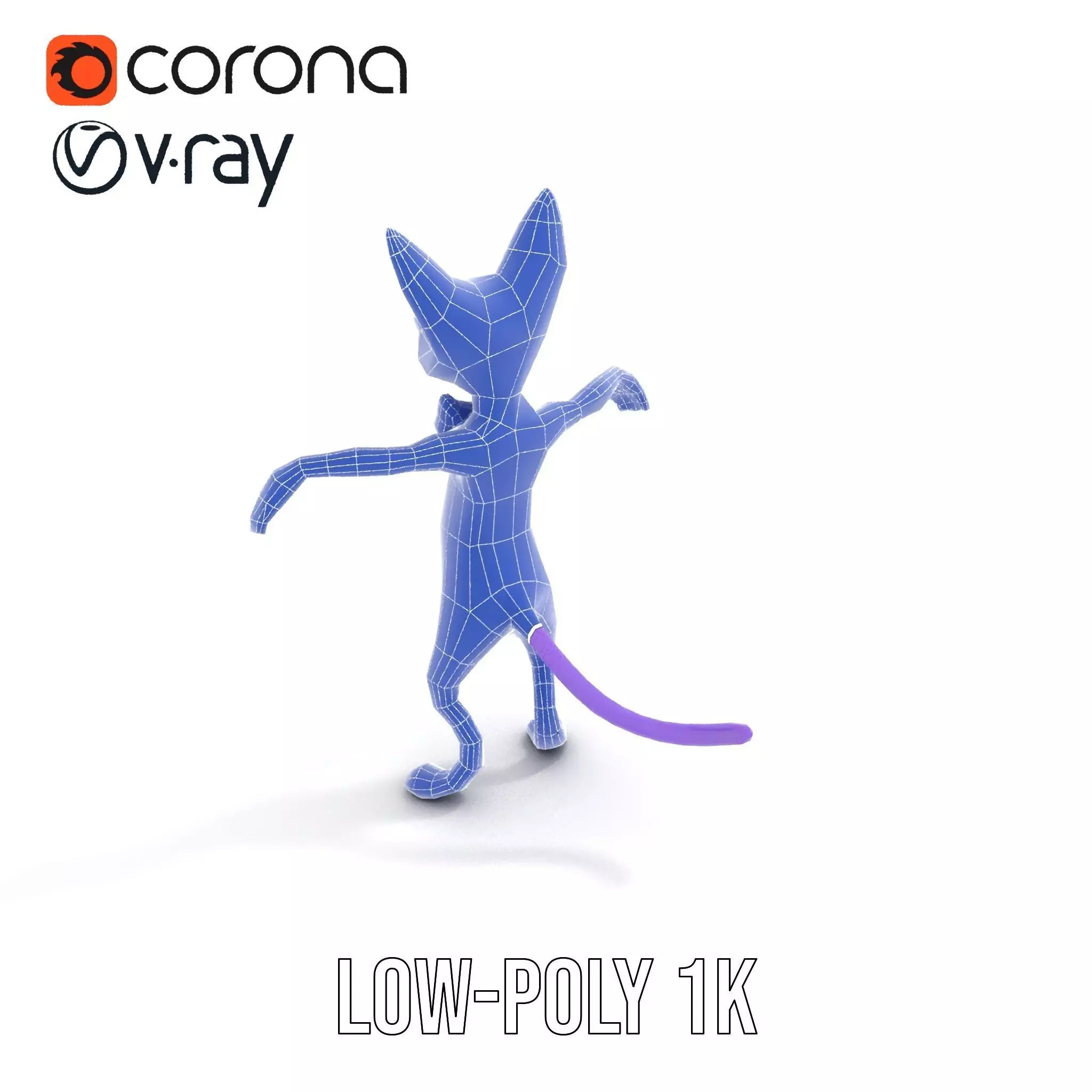 Purple Cartoon Cat with Bow Tie Rigged and Animated Model Low-poly 3D model_13