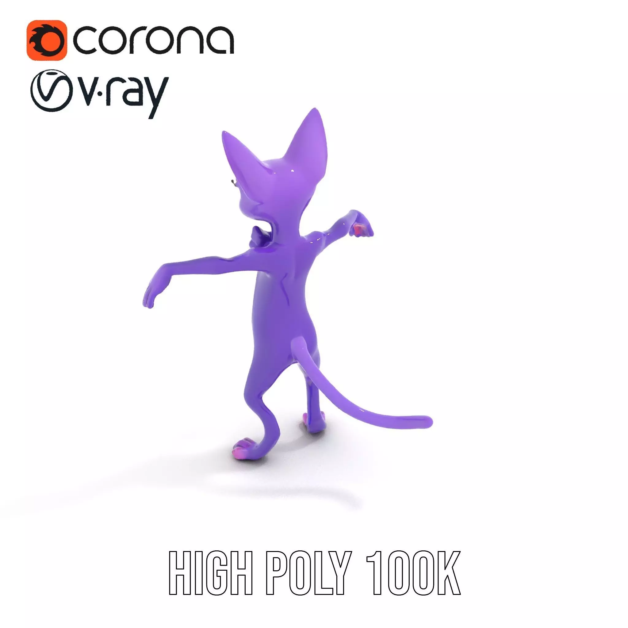 Purple Cartoon Cat with Bow Tie Rigged and Animated Model Low-poly 3D model_11