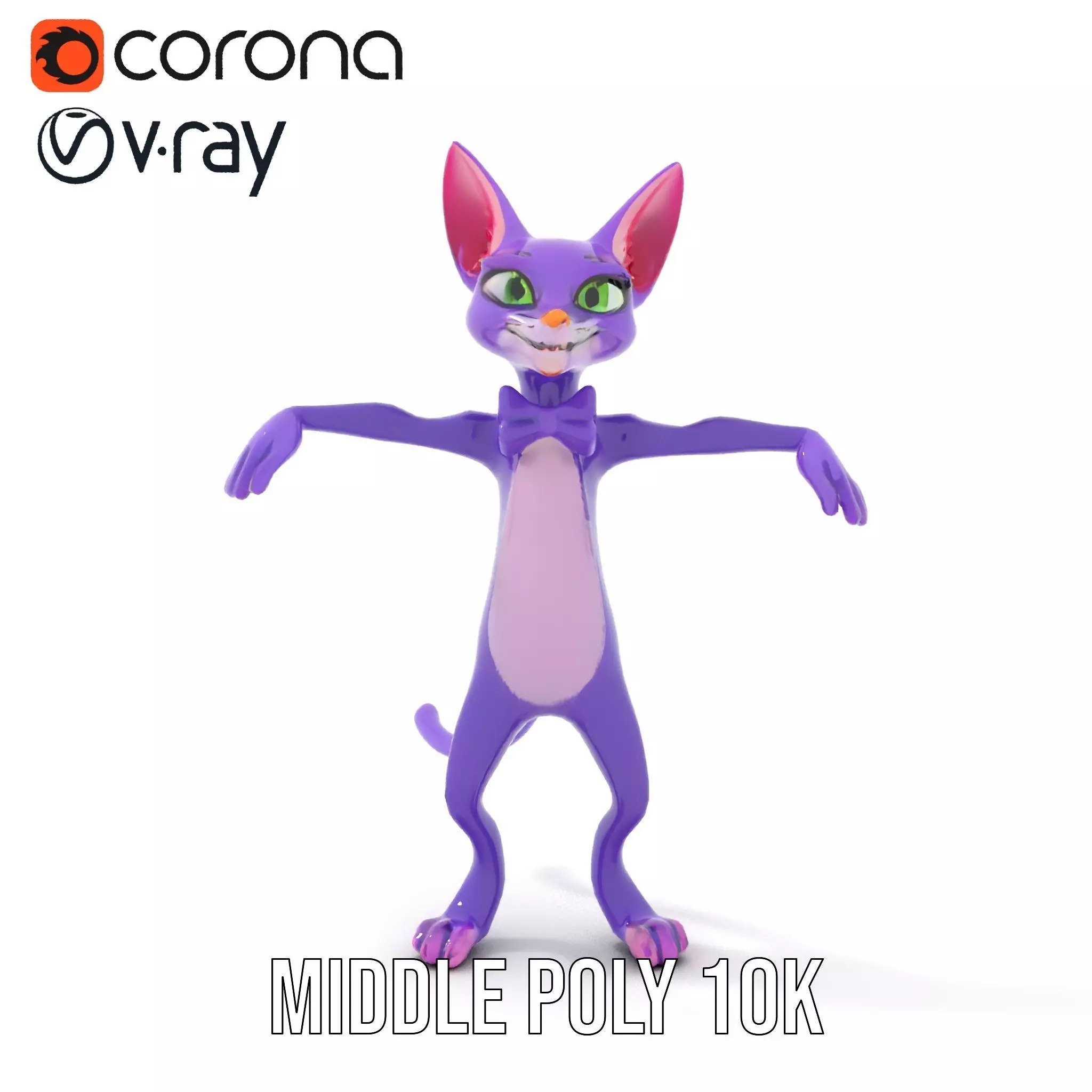 Purple Cartoon Cat with Bow Tie Rigged and Animated Model Low-poly 3D model_9