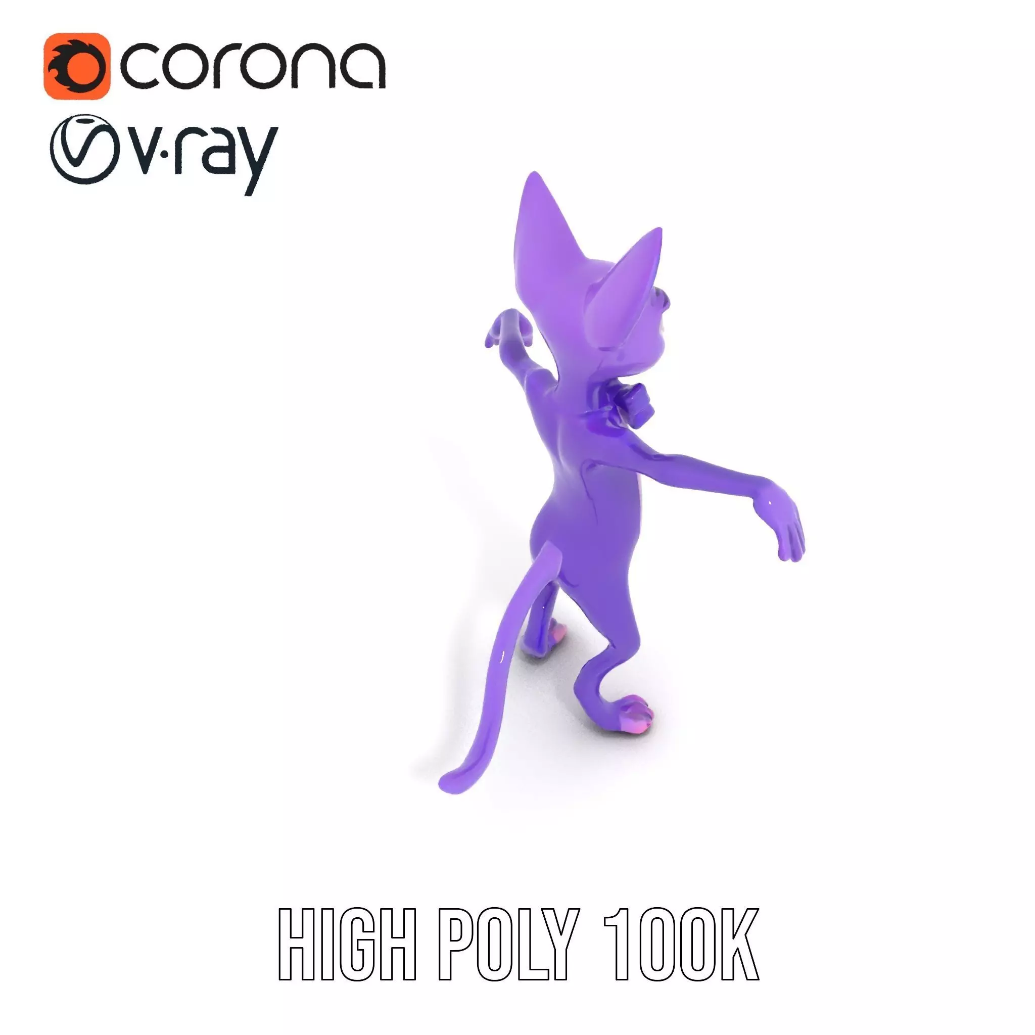 Purple Cartoon Cat with Bow Tie Rigged and Animated Model Low-poly 3D model_14
