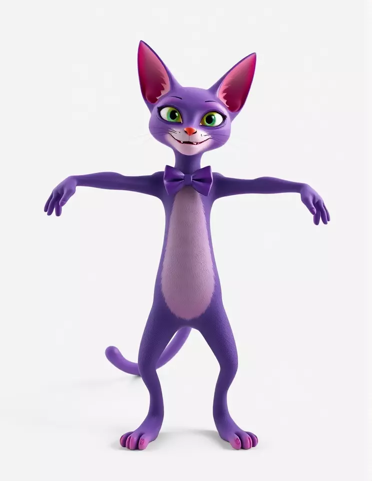 Purple Cartoon Cat with Bow Tie Rigged and Animated Model Low-poly 3D model_2