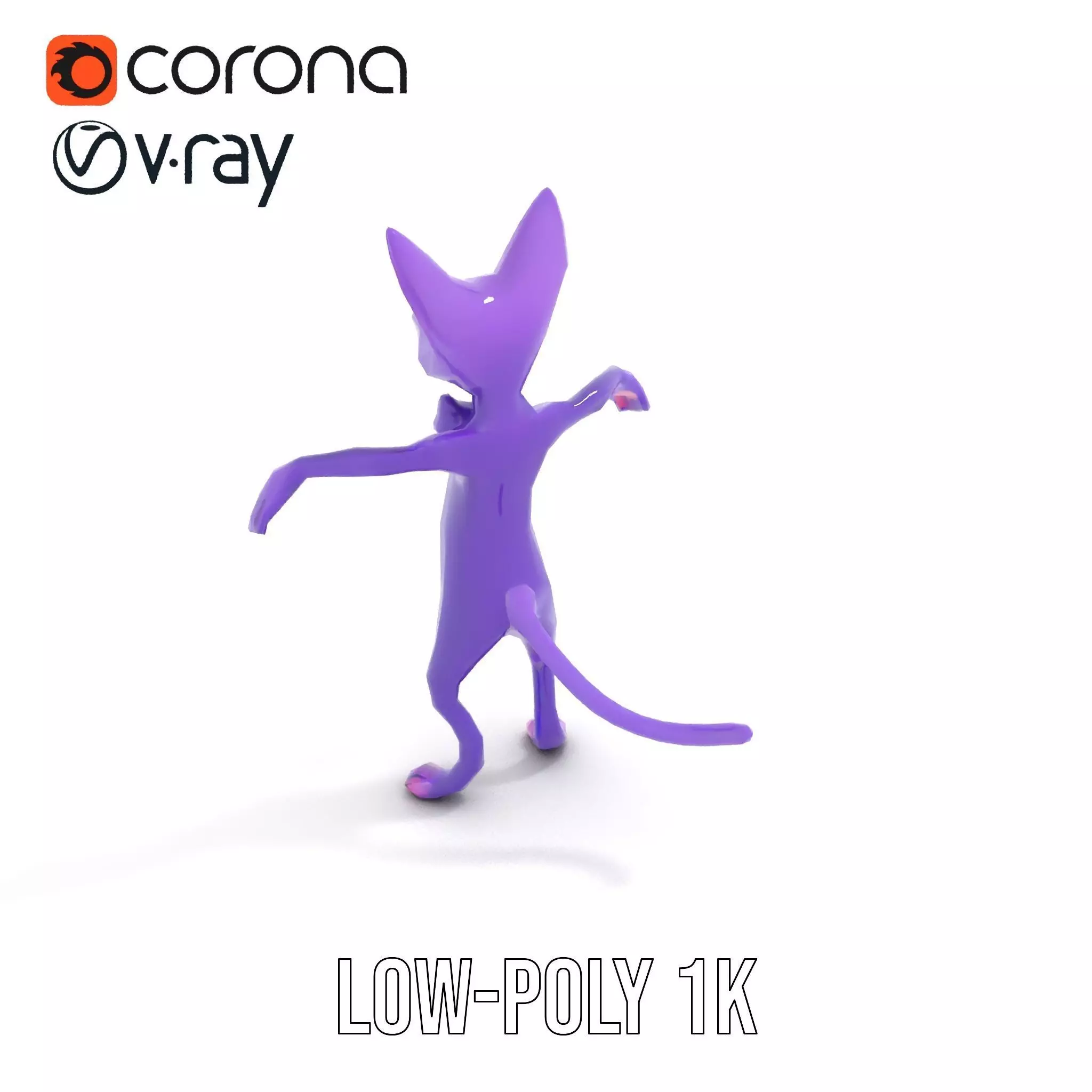 Purple Cartoon Cat with Bow Tie Rigged and Animated Model Low-poly 3D model_7