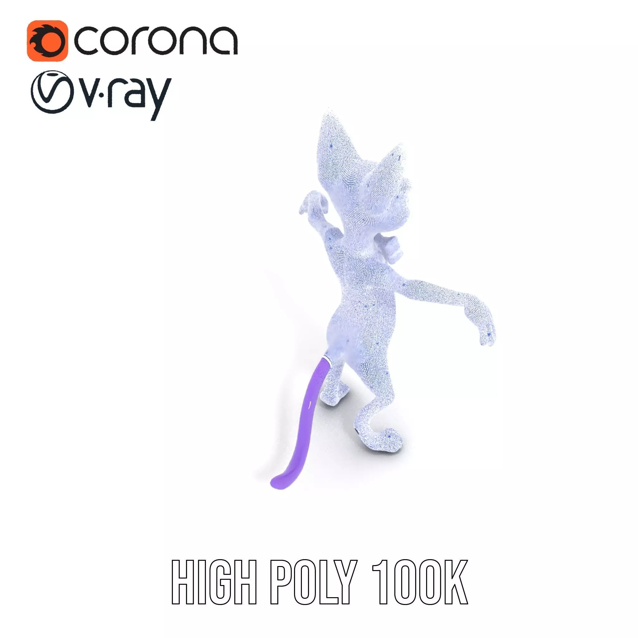 Purple Cartoon Cat with Bow Tie Rigged and Animated Model Low-poly 3D model_31