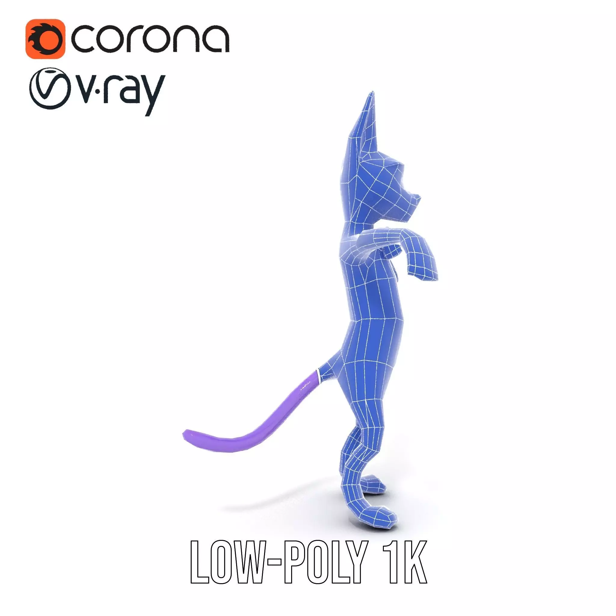 Purple Cartoon Cat with Bow Tie Rigged and Animated Model Low-poly 3D model_28