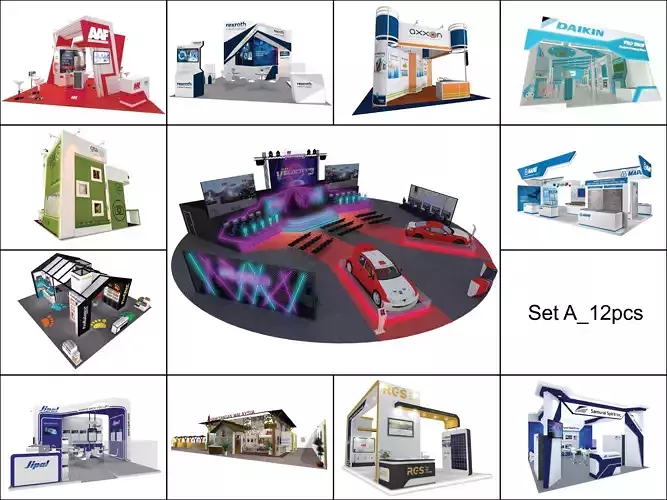 Exhibition Stand Booth Collection Set A 12pcs Low-poly 3D model