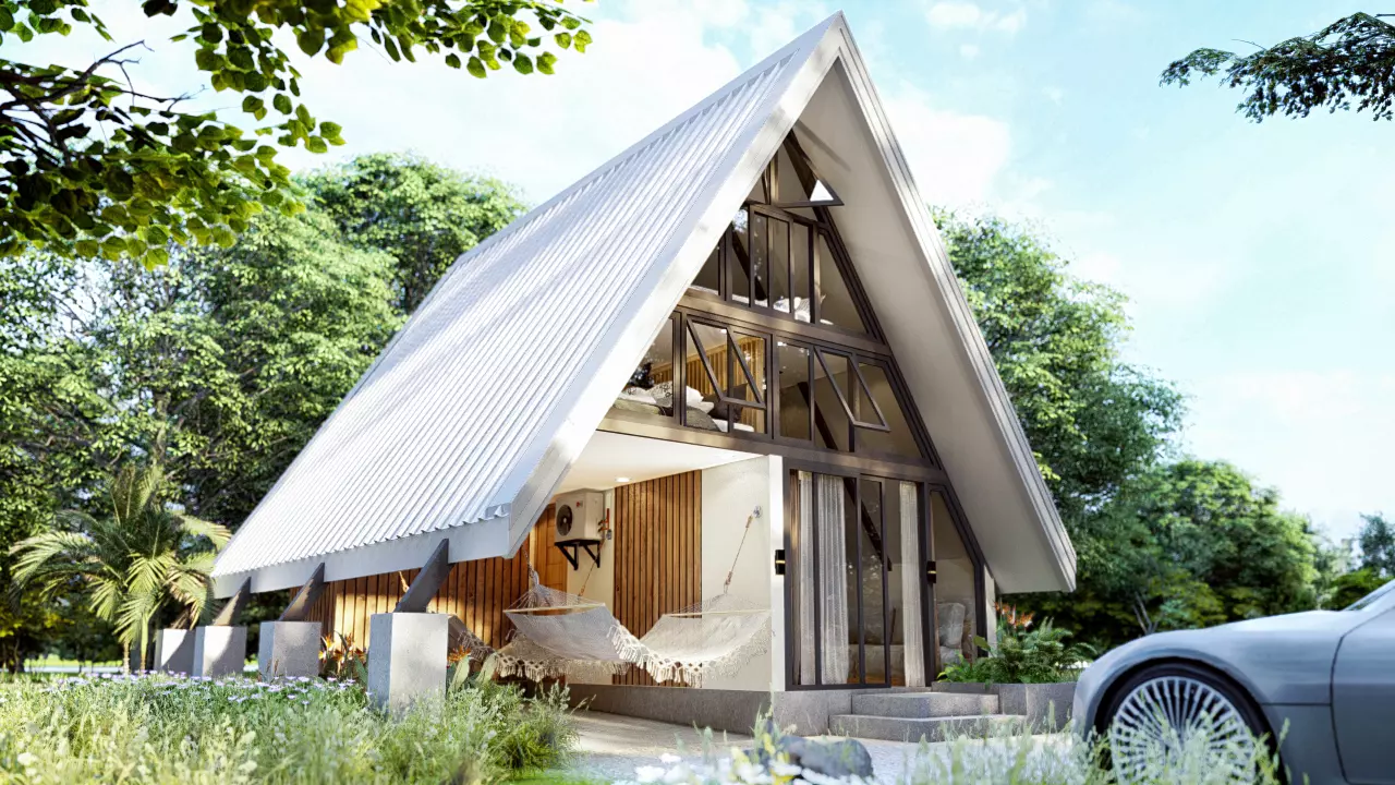 A-Frame House with Loft and Parking Modern Cabin 3D Model Low-poly 3D model_0