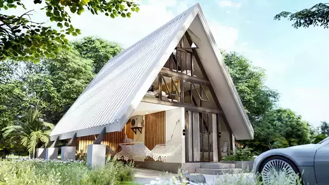A-Frame House with Loft and Parking Modern Cabin 3D Model