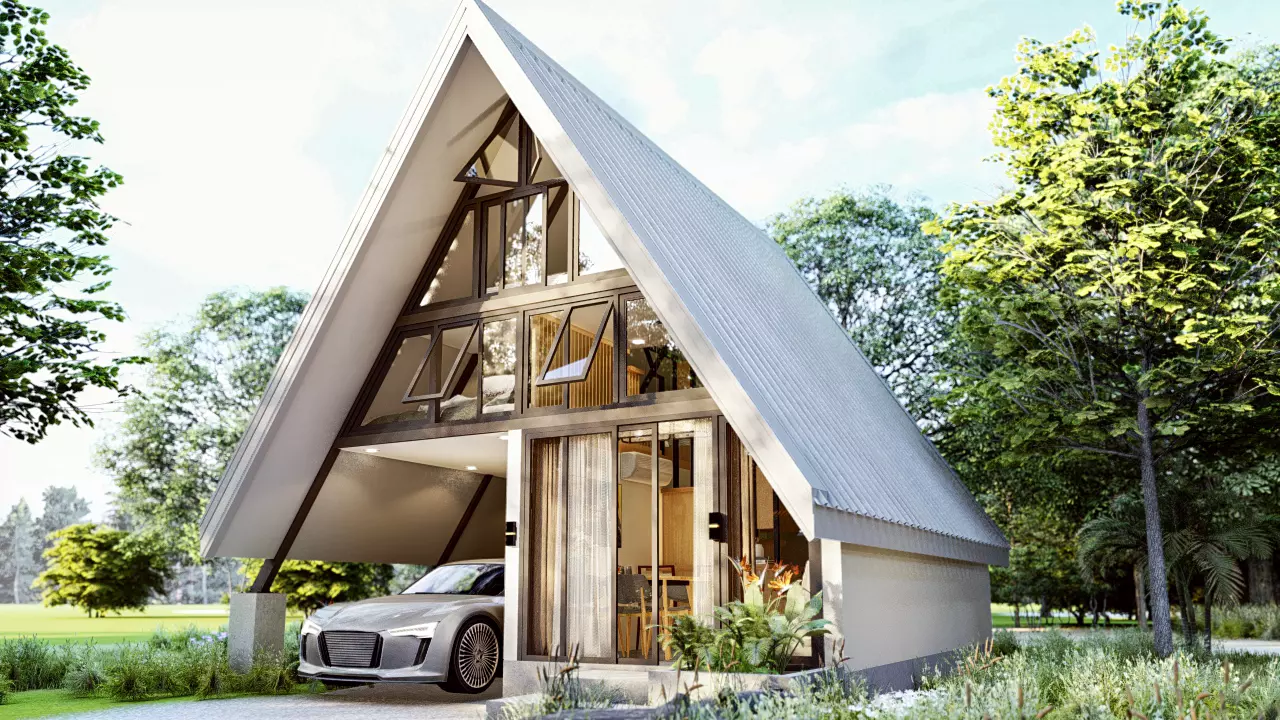 A-Frame House with Loft and Parking Modern Cabin 3D Model Low-poly 3D model_1