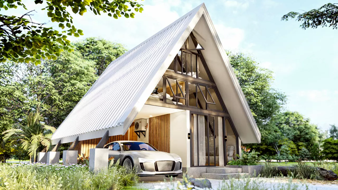 A-Frame House with Loft and Parking Modern Cabin 3D Model Low-poly 3D model_2