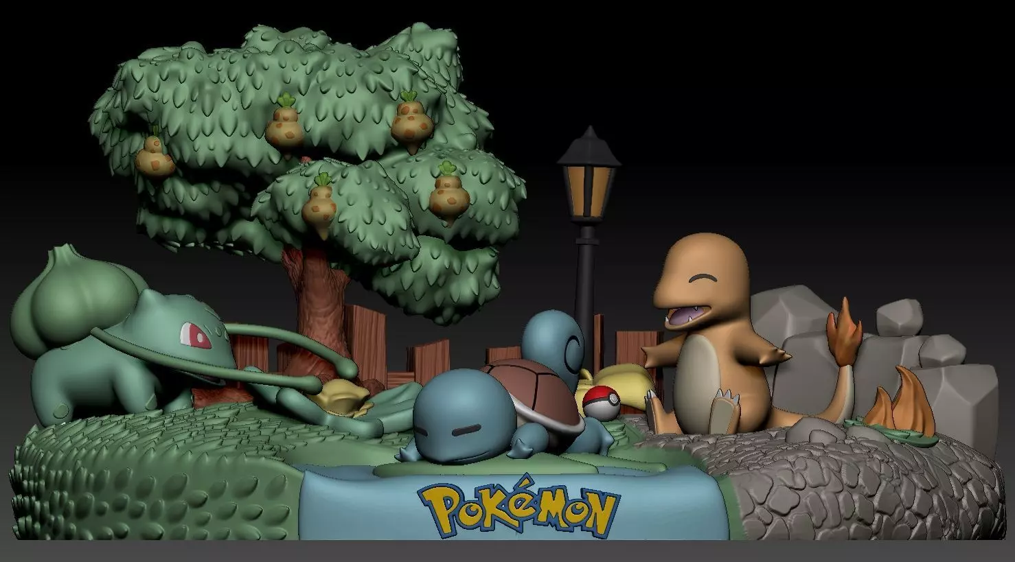 Diorama Pokemon Bulbasaur Squirtle Charmander Sliced STL 3D print model_1