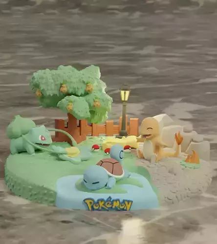Diorama Pokemon Bulbasaur Squirtle Charmander Sliced STL 3D print model Diorama Pokemon Bulbasaur Squirtle Charmander Sliced STL 3D print model