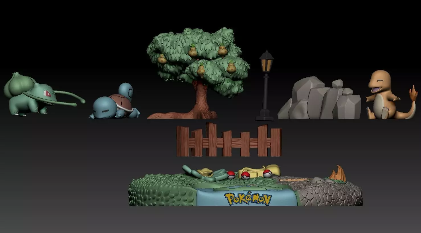 Diorama Pokemon Bulbasaur Squirtle Charmander Sliced STL 3D print model_7
