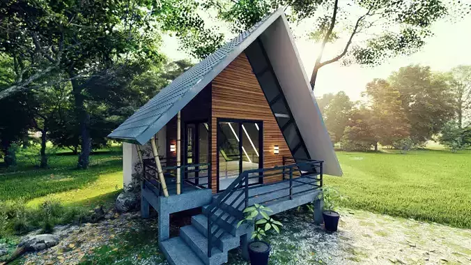 A-Frame House with Terrace Modern Cabin 3D Model
