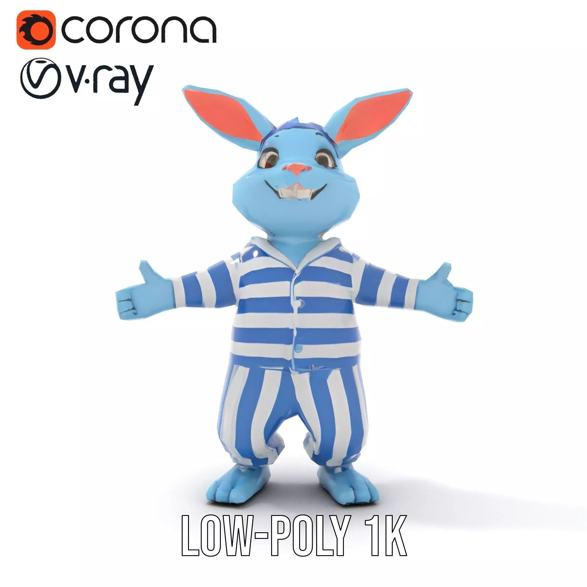 Blue Bunny Rigged and Animated Character Model in Pajamas Low-poly 3D model_12