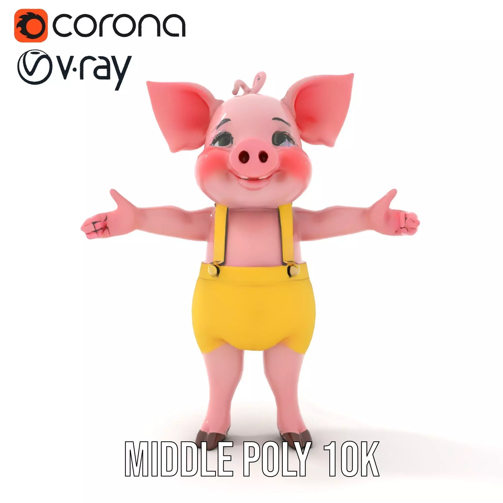 Cute Piglet Character Model in Yellow Overalls Rigged and Ani... Low-poly 3D model_14