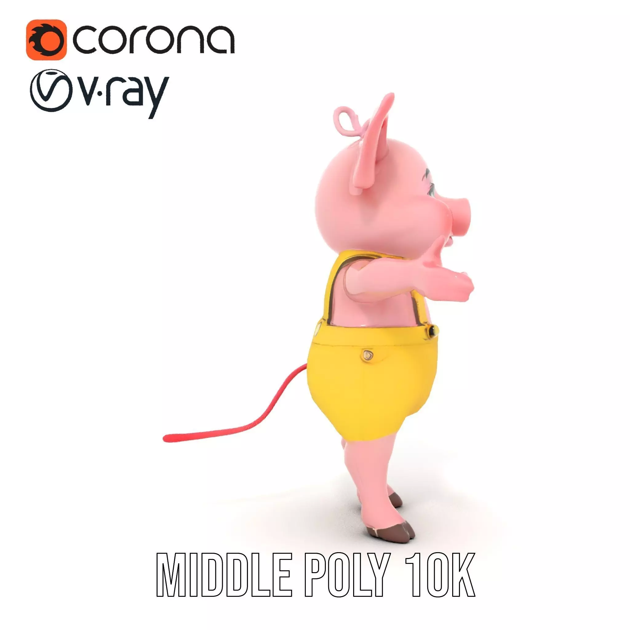 Cute Piglet Character Model in Yellow Overalls Rigged and Ani... Low-poly 3D model_16