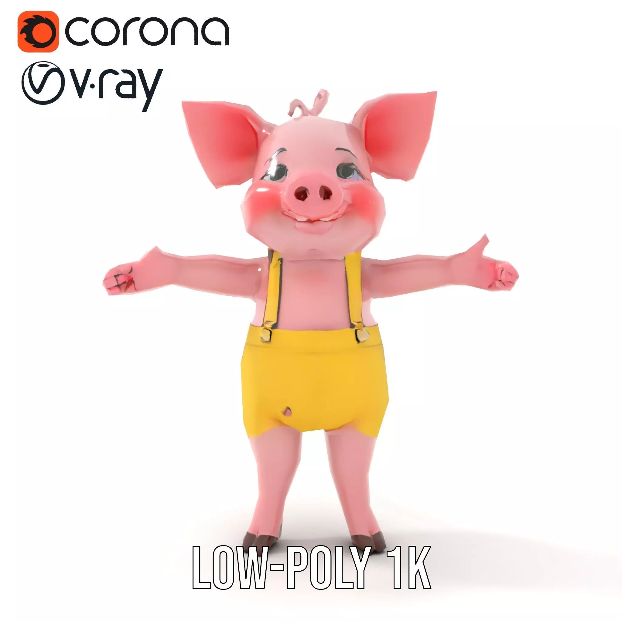Cute Piglet Character Model in Yellow Overalls Rigged and Ani... Low-poly 3D model_15