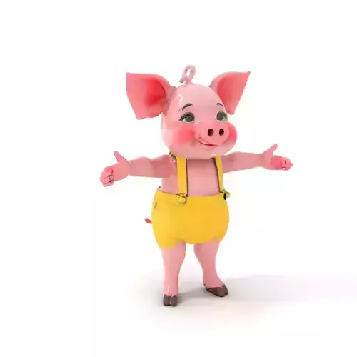 Cute Piglet Character Model in Yellow Overalls Rigged and Ani... Low-poly 3D model