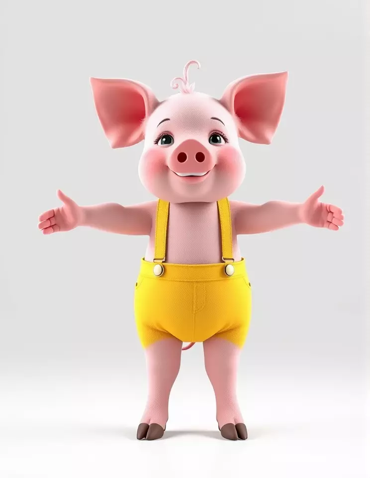 Cute Piglet Character Model in Yellow Overalls Rigged and Ani... Low-poly 3D model_3