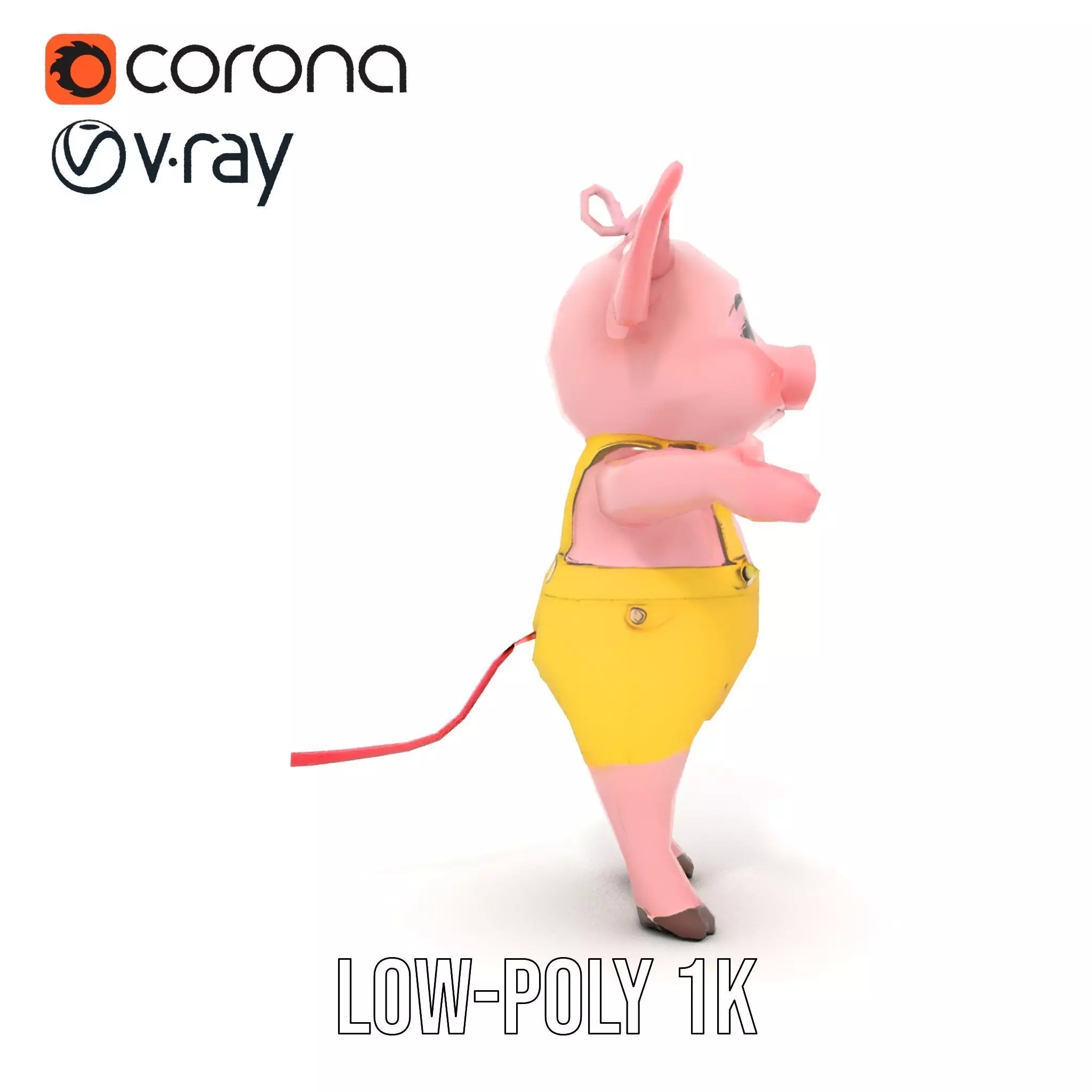 Cute Piglet Character Model in Yellow Overalls Rigged and Ani... Low-poly 3D model_9