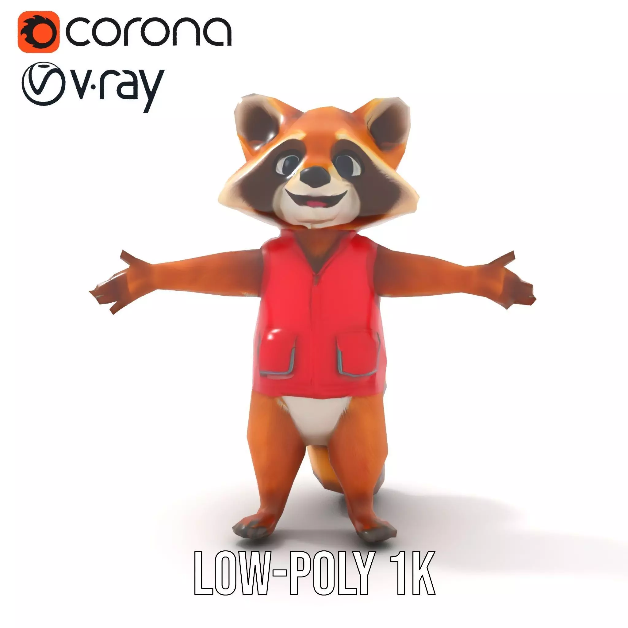 Cartoon Raccoon Character Rigged and Animated with Vest Low-poly 3D model_28